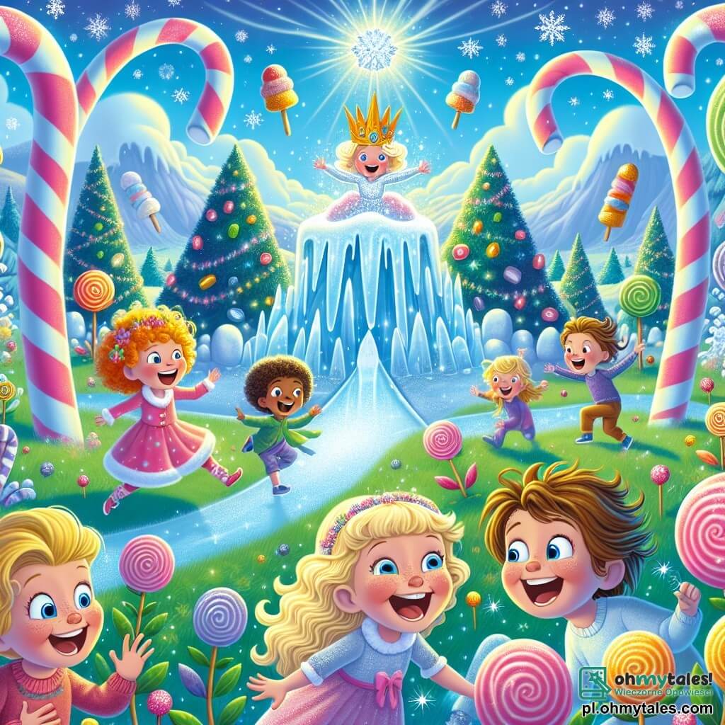 Ilustracja przedstawiająca magiczną scenę na zaczarowanej polanie, gdzie drzewa o cukierkowych pniach wznoszą się ku błękitnemu niebu, usianemu chmurami w kształcie słodyczy. W centrum ogromna zjeżdżalnia lodowa błyszczy jak diament, otoczona kolorowymi kwiatami w kształcie lodów. Czwoje dzieci stoi tam: dziewczynka lat 8 z kręconymi, złotymi włosami, ubrana w różową sukienkę, która głośno się śmieje, gotowa zjechać ze zjeżdżalni. Obok niej chłopiec lat 9 w okrągłych okularach i z rozwianymi brązowymi włosami, który z zachwytem obserwuje scenę. Inny chłopiec, lat 7, z blond włosami i niebieską koszulką, już zjeżdża ze zjeżdżalni, podczas gdy dziewczynka lat 6 z warkoczami i fioletowym swetrem, entuzjastycznie klaska. Główna sytuacja pokazuje dzieci w trakcie przygody, gotowe zjechać ze magicznej zjeżdżalni, otoczone śmiechem i jaskrawymi kolorami. W tle Lodowy Król, przyjazna postać z koroną z kandyzowanych owoców, obserwuje ich z życzliwym uśmiechem, dodając odrobinę magii do tej wesołej sceny. Iskrzące płatki śniegu unoszą się w powietrzu, tworząc bajkową i radosną atmosferę.