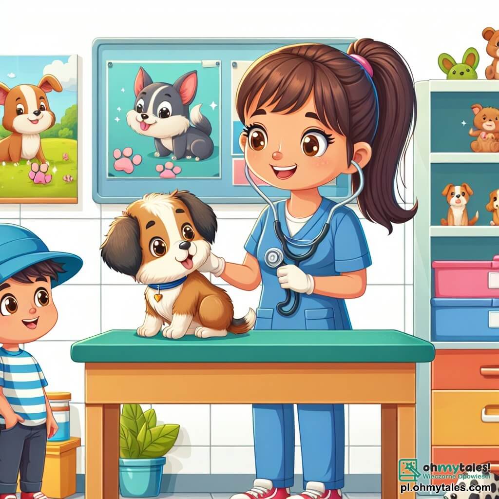 Ilustracja przedstawiająca ciepłą i kolorową klinikę weterynaryjną, z ścianami ozdobionymi plakatami zwierząt i półkami wypełnionymi książkami o opiece nad zwierzętami. W centrum uśmiechnięta weterynarz z brązowymi włosami związanymi w kok, w niebieskim uniformie i stetoskopem na szyi, starannie bada małego psa siedzącego na stole do badań. Obok niej chłopiec w wieku około 8 lat, w niebieskiej czapce i w paskowanym t-shircie, z fascynacją obserwuje, z błyszczącymi oczami pełnymi ekscytacji. Pies, uroczy szczeniak z dużymi uszami, wydaje się ciekawy i trochę zaniepokojony, podczas gdy weterynarz mówi do niego łagodnie, aby go uspokoić. W tle zabawki dla zwierząt i zielone rośliny dodają żywotności scenie, tworząc przyjazną i troskliwą atmosferę.