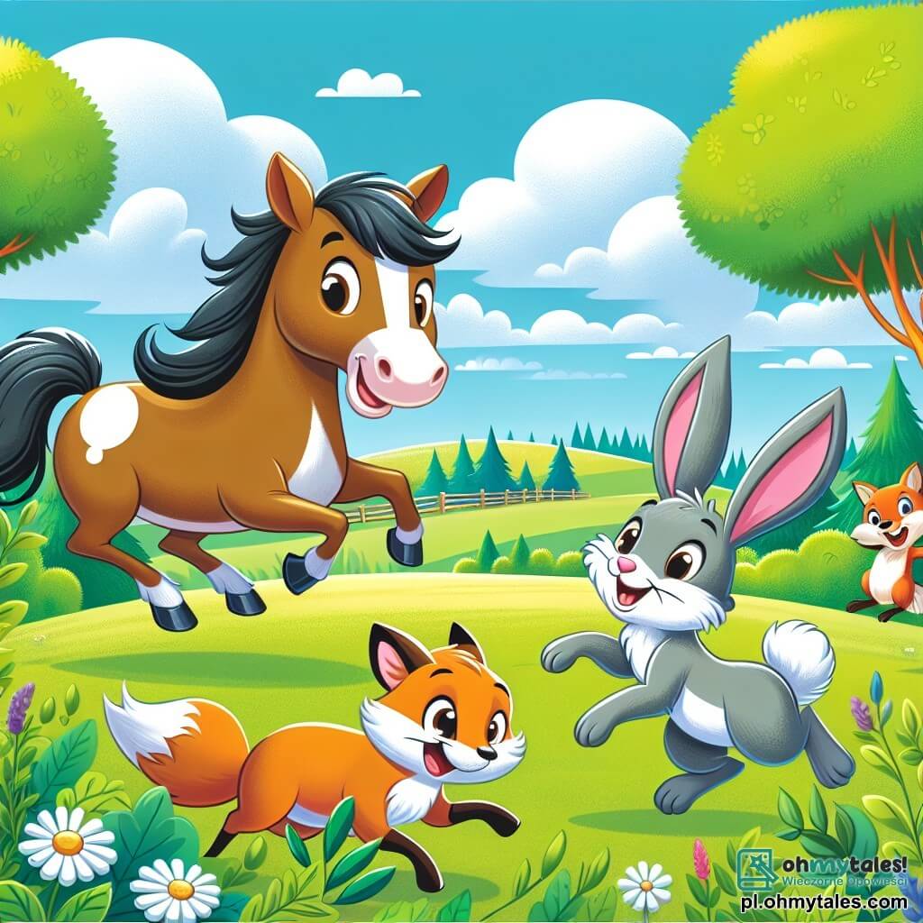 Une illustration sous forme de dessin destinée aux enfants représentant une vaste prairie verdoyante sous un ciel bleu ensoleillé, où un grand cheval brun avec une tache blanche sur la tête, joyeusement en train de sauter, est entouré de son ami un petit lapin gris aux grandes oreilles qui saute aussi, tandis qu'un renard rusé, avec un sourire malicieux, observe la scène depuis un buisson, le tout illustrant une ambiance de fête et de camaraderie alors qu'ils s'apprêtent à organiser une joyeuse course dans la nature.