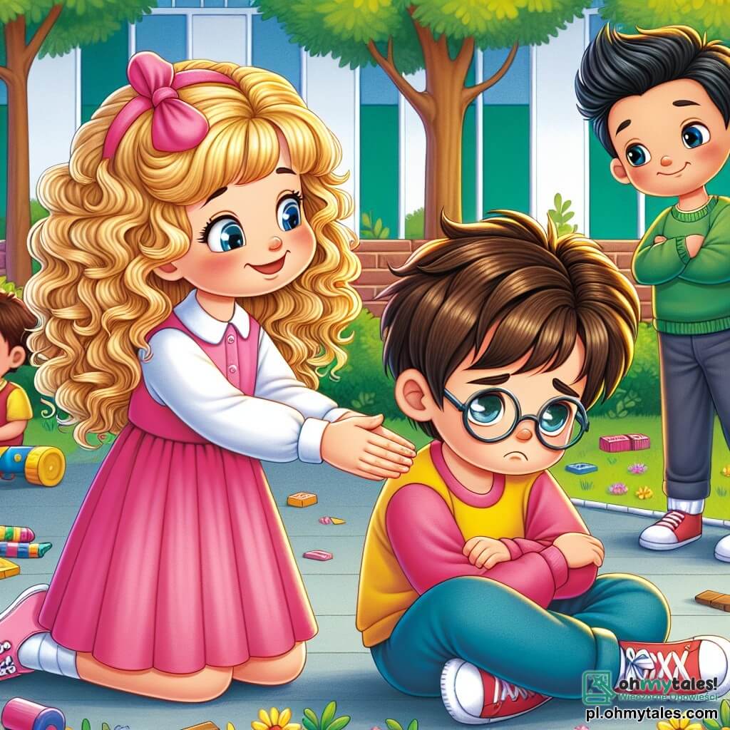 Une illustration sous forme de dessin destinée aux enfants représentant une scène lumineuse et colorée dans une cour de récréation d'un petit mignon préau, où une fille de 5 ans aux cheveux bouclés et blonds, portant une robe rose, s'approche d'un garçon aux lunettes et aux cheveux bruns, assis dans un coin, l'air triste, tandis qu'un autre garçon aux cheveux noirs et courts, avec un sourire moqueur, se tient à l'écart, illustrant un moment de soutien et d'amitié face au harcèlement, avec des jouets éparpillés autour et des fleurs colorées en arrière-plan.