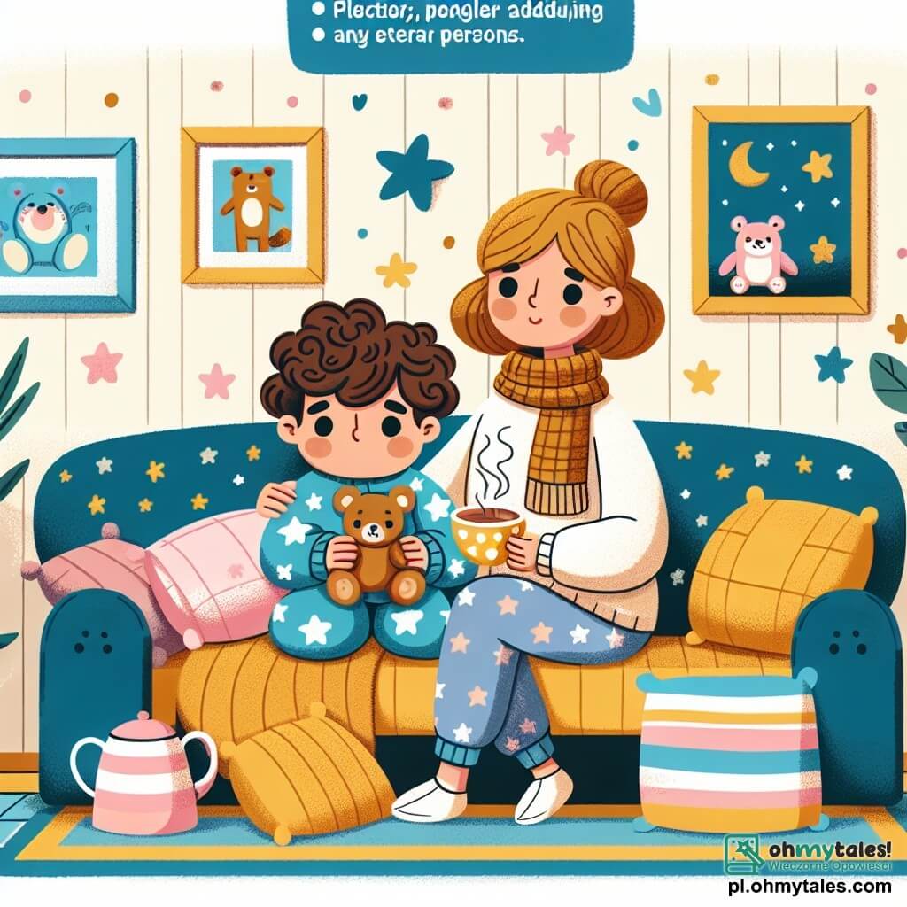 Une illustration sous forme de dessin destinée aux enfants représentant un salon chaleureux et coloré, avec des murs ornés de dessins d'animaux, où un garçon de 3 ans aux cheveux bruns et bouclés, portant un pyjama bleu à étoiles, est allongé sur un canapé moelleux, entouré de coussins, tenant un petit ours en peluche dans ses bras, tandis qu'une femme douce aux cheveux châtains, vêtue d'un pull confortable, lui apporte une tasse de thé fumant, illustrant un moment tendre où le garçon se remet d'une maladie avec le soutien affectueux de sa maman.