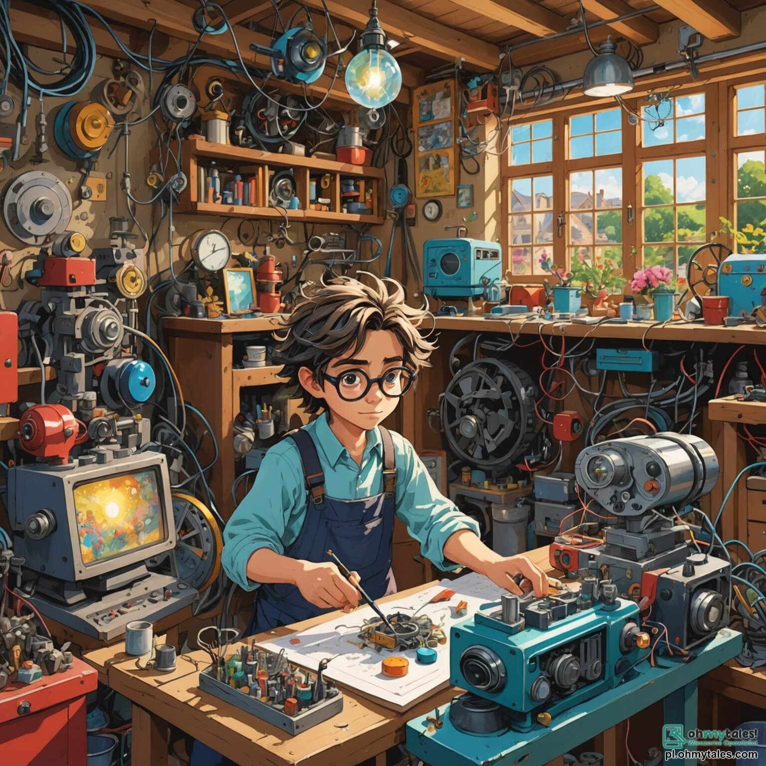 Une illustration destinée aux enfants représentant un homme aux cheveux ébouriffés et aux lunettes démesurées, entouré de machines étranges et colorées dans son atelier chaotique, rempli de pièces de métal étincelantes, de câbles enchevêtrés et de croquis éparpillés, tandis qu'une petite fille aux yeux pétillants et aux couettes s'extasie devant un générateur d'objets farfelus, le tout dans un coin ensoleillé d'une charmante village où les fleurs dansent au rythme du vent.