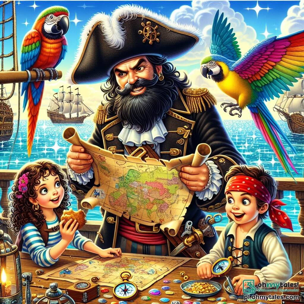 Une illustration sous forme de dessin destinée aux enfants représentant une scène vibrante sur le pont d'un grand navire pirate, avec un homme à la longue barbe noire et un chapeau à plumes, tenant une carte au trésor avec un air déterminé, entouré d'une petite fille courageuse aux cheveux bouclés qui examine une boussole, d'un garçon corpulent avec un bandana rouge en train de grignoter un morceau de pain, et d'une joyeuse perruche colorée qui vole autour d'eux, alors qu'ils se préparent à partir à l'aventure à la recherche d'un trésor caché, le ciel bleu parsemé de nuages blancs et l'océan scintillant en arrière-plan.