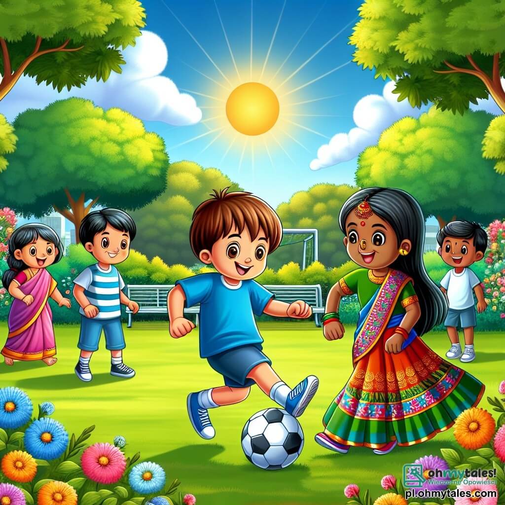 Une illustration sous forme de dessin destinée aux enfants représentant un parc ensoleillé avec des arbres verdoyants et des fleurs colorées, où un garçon de 9 ans aux cheveux bruns et aux yeux pétillants, vêtu d'un t-shirt bleu et de shorts, joue au football avec une fille de 11 ans d'origine indienne, portant une robe traditionnelle colorée, tandis qu'un groupe d'enfants de différentes origines ethniques les regarde avec enthousiasme, illustrant la joie de l'amitié et de la diversité culturelle à travers le jeu.