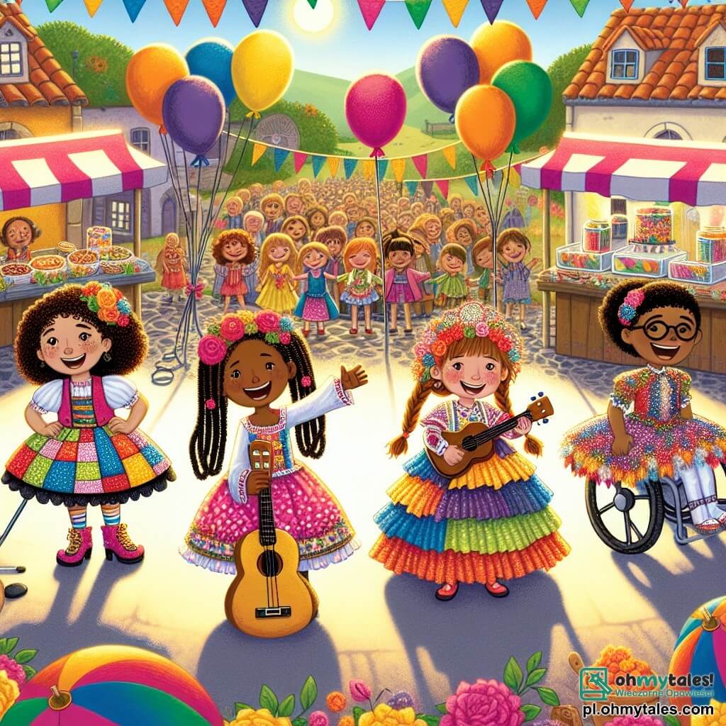 Ilustracja przedstawiająca kolorową i radosną scenę festiwalu w małej, słonecznej wiosce. Tło wypełnione jest wielokolorowymi balonami unoszącymi się w powietrzu, stoiskami z jedzeniem pełnymi słodkości oraz girlandami kwiatów tańczącymi na wietrze. Na środku obrazu cztery dziewczynki w wieku około 10 lat stoją na scenie. Pierwsza dziewczynka, z kręconymi brązowymi włosami, ma na sobie kostium z patchworku z kolorowych materiałów i szeroko się uśmiecha, gotowa do tańca. Druga, z plecionymi blond włosami, ubrana jest w sukienkę w kropki i trzyma ukulele, prezentując figlarny wyraz twarzy. Trzecia, w okularach i z prostymi włosami, ma na sobie kostium księżniczki z bibuły i przyjmuje zabawną pozę, podczas gdy czwarta, na wózku inwalidzkim, nosi błyszczący kostium z cekinami, głośno się śmiejąc. Główna scena pokazuje dziewczynki występujące przed entuzjastycznym tłumem, wśród śmiechu i oklasków. Balony unoszą się w niebieskim niebie, dodając magii do festiwalowej atmosfery. W tle dzieci i dorośli biją brawo, tworząc radosną i przyjacielską atmosferę.