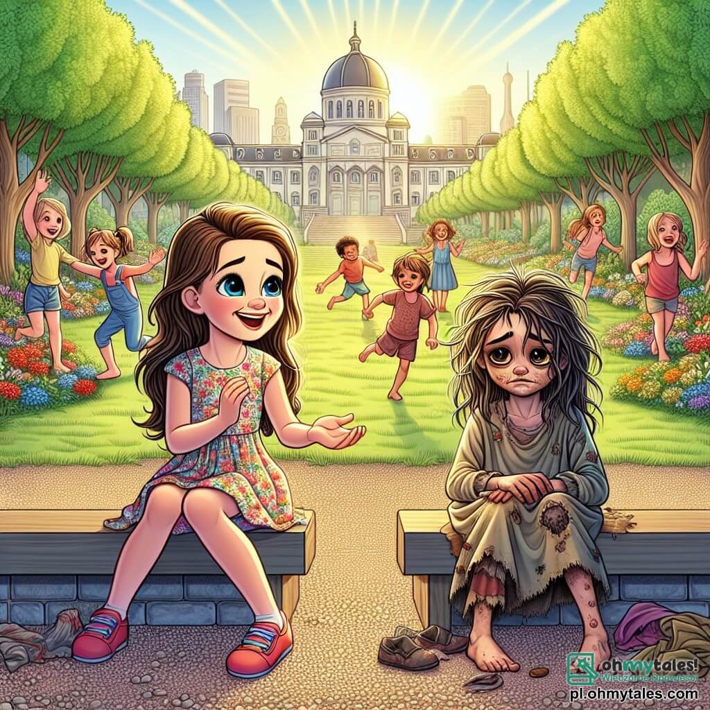 Ilustracja przedstawiająca słoneczny park w małym miasteczku, z dużymi zielonymi drzewami i kolorowymi kwiatami wzdłuż żwirowej ścieżki. W centrum znajduje się 11-letnia dziewczynka z długimi brązowymi włosami i błyszczącymi oczami, ubrana w kwiecistą sukienkę, z szerokim uśmiechem. Siedzi na ławce, uważnie patrząc na inną dziewczynkę obok niej. Ta druga, około 8-letnia, ma rozczochrane włosy i smutną twarz, nosi zużyte ubrania. Bawi się małą lalką z materiału, jej ręce są brudne, a oczy pełne melancholii. Scena ukazuje moment więzi między dwiema dziewczynkami, gdzie pierwsza próbuje pocieszyć drugą, wyciągając w jej stronę przyjazną dłoń. W tle dzieci bawią się radośnie, podczas gdy stary kopuła majestatycznie wznosi się, symbolizując nadzieję i solidarność. Promienie słońca oświetlają scenę, tworząc ciepłą i pełną nadziei atmosferę, mimo kontrastu z ubóstwem.
