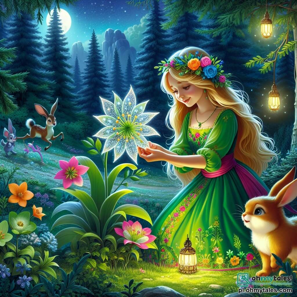 Une illustration sous forme de dessin destinée aux enfants représentant une clairière enchantée au cœur d'une forêt magique, où une jeune femme aux longs cheveux dorés et vêtue d'une robe verte brodée de fleurs éclatantes se penche avec émerveillement pour cueillir des pétales d'un magnifique fleur nocturne qui brille d'une lueur argentée, tandis qu'à ses côtés, un petit lapin aux grandes oreilles et au pelage soyeux observe avec curiosité, et en arrière-plan, des créatures féeriques dansent joyeusement sous la lumière des étoiles, symbolisant l'harmonie entre la nature et la magie, alors qu'un sentiment d'aventure et de découverte flotte dans l'air.