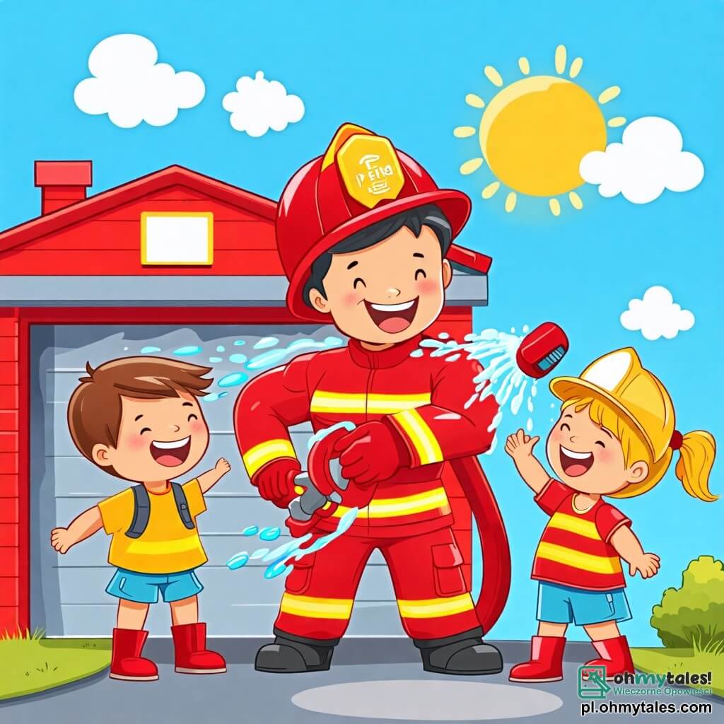 Une illustration sous forme de dessin destinée aux enfants représentant une caserne de pompiers colorée, avec un homme musclé portant un uniforme rouge et un casque de pompier, souriant et tenant un tuyau d'incendie qui gicle de l'eau, tandis que deux enfants, un garçon aux cheveux bruns et une fille aux cheveux blonds, rient joyeusement en essayant de diriger le jet d'eau, le tout sous un ciel bleu ensoleillé avec quelques nuages blancs.