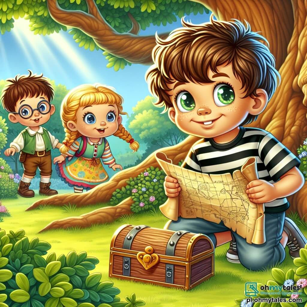Une illustration sous forme de dessin destinée aux enfants représentant un parc verdoyant et ensoleillé, avec un grand chêne au centre, où un garçon de 7 ans aux cheveux châtains et aux yeux pétillants, vêtu d'un t-shirt rayé et d'un short, s'accroupit en tenant une vieille carte au trésor, tandis qu'à ses côtés, une fille aux cheveux blonds tressés, portant une robe colorée, et un garçon aux lunettes et aux cheveux bouclés, regardent avec curiosité une mystérieuse boîte en bois, le tout évoquant une atmosphère d'aventure et de mystère, alors qu'ils s'apprêtent à résoudre une énigme.