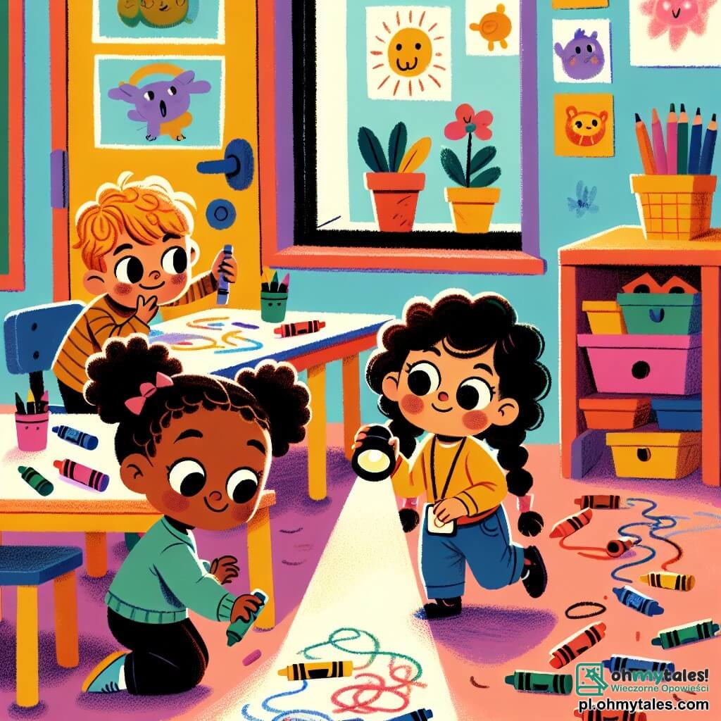Une illustration sous forme de dessin destinée aux enfants représentant une salle de classe colorée, avec des murs ornés de dessins d'enfants, où une petite fille de 1 an aux cheveux bouclés et aux yeux pétillants, tenant une petite lampe de poche, explore avec curiosité des crayons éparpillés sur une table, tandis qu'un garçon de 1 an aux cheveux blonds et un sourire espiègle l'observe, et une petite fille de 1 an avec des tresses et un regard déterminé examine une mystérieuse empreinte de crayon sur le sol, illustrant leur aventure en tant que jeunes détectives à la recherche de crayons disparus.