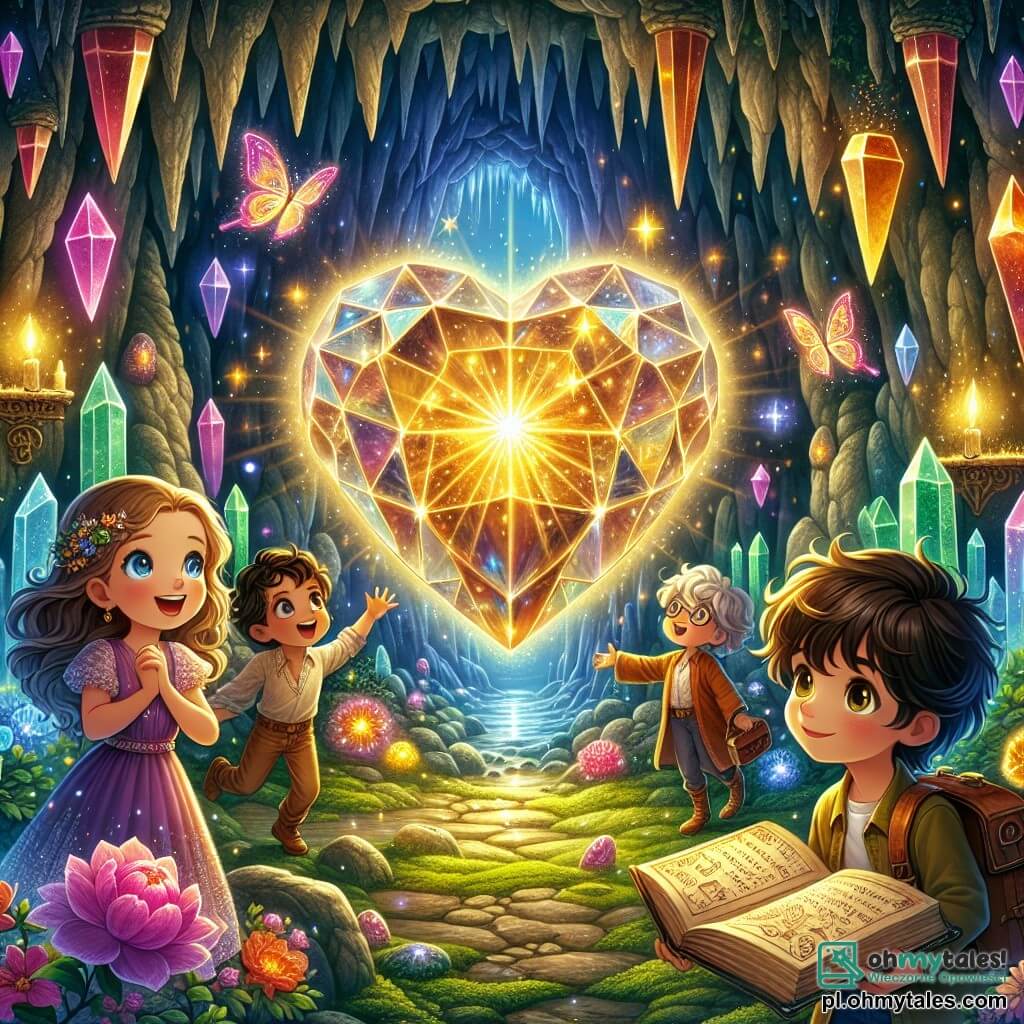 Ilustracja przedstawiająca magiczną scenę w tajemniczej jaskini, z błyszczącymi ścianami pokrytymi kolorowymi kryształami, które odbijają jasne światła. W centrum wielkie serce z kryształu intensywnie świeci, emitując delikatną złotą poświatę. Chłopiec w wieku około 10 lat, z brązowymi włosami i błyszczącymi oczami, stoi przed sercem, jego twarz oświetlona zachwytem. Obok niego dziewczynka w wieku 9 lat, z długimi blond włosami i niebieskimi oczami, podnosi ręce w geście radości, jej uśmiech promienieje. Inny chłopiec, mający 11 lat, w okularach i z zdeterminowanym spojrzeniem, uważnie bada symbole na ścianach, podczas gdy dziewczynka w wieku 10 lat, z kasztanowymi, kręconymi włosami, trzyma otwartą starą książkę, gotowa do rozszyfrowania tajemnic jaskini. Główna sytuacja pokazuje dzieci odkrywające magiczne serce, symbolizujące ich przyjaźń i odwagę wobec nieznanego. Fantastyczne stworzenia, takie jak świecące motyle i kwiaty w żywych kolorach, unoszą się wokół nich, dodając magii atmosferze. Podłoga pokryta jest miękkim, zielonym mchem, a iskry światła tańczą w powietrzu, tworząc bajkową atmosferę.