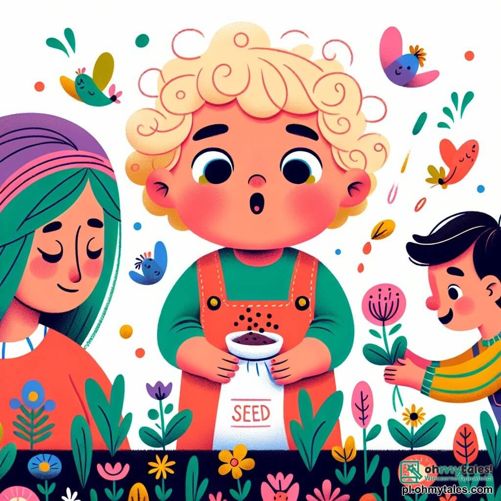 Une illustration sous forme de dessin destinée aux enfants représentant un jardin en pleine floraison au printemps, avec un petit garçon de 1 an aux cheveux blonds et bouclés, souriant et émerveillé, tenant un petit sachet de graines dans ses mains, tandis que sa maman, une femme aux cheveux bruns et longs, l'observe avec tendresse, et plusieurs enfants aux cheveux de différentes couleurs s'affairent joyeusement à planter des fleurs colorées dans le sol, créant une atmosphère de joie et de découverte.