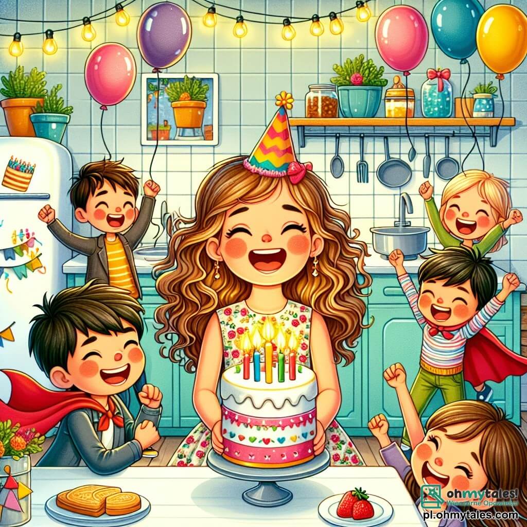 Une illustration sous forme de dessin destinée aux enfants représentant une charmante cuisine décorée de ballons colorés et de guirlandes pour un anniversaire, où une fille de 11 ans aux cheveux bruns et bouclés, portant une robe à fleurs, sourit joyeusement en tenant un gâteau d'anniversaire avec des bougies allumées, tandis qu'un garçon de son âge, habillé en super-héros avec une cape rouge, l'encourage en levant les bras en l'air, et des amis rieurs se tiennent autour d'eux, tous impatients de célébrer ce moment spécial rempli de rires et de bonheur.