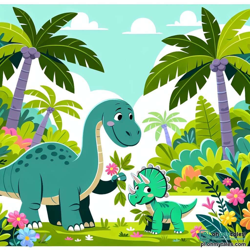 Une illustration sous forme de dessin destinée aux enfants représentant une jungle luxuriante avec de grands arbres verdoyants et des fleurs colorées, où un diplodocus à la longue cou et aux grandes pattes se tient joyeusement en train de manger des feuilles hautes, tandis qu'à ses côtés, un petit triceratops aux trois cornes et à la peau verte l'observe avec curiosité, alors qu'ils cherchent ensemble le légendaire Złoty Dinozaur, entourés d'une atmosphère d'aventure et d'amitié.