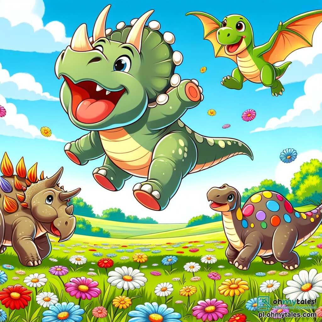 Une illustration sous forme de dessin destinée aux enfants représentant une vaste et verdoyante prairie parsemée de fleurs colorées, où un joyeux tricératops aux trois cornes et au large sourire se tient en train de sauter de joie, entouré d'un petit stegozaur à la carapace ornée de plaques colorées et d'un brachiosaure au long cou, tous trois riant et jouant ensemble sous un ciel bleu éclatant, illustrant l'amitié et la joie de vivre à l'époque des dinosaures.
