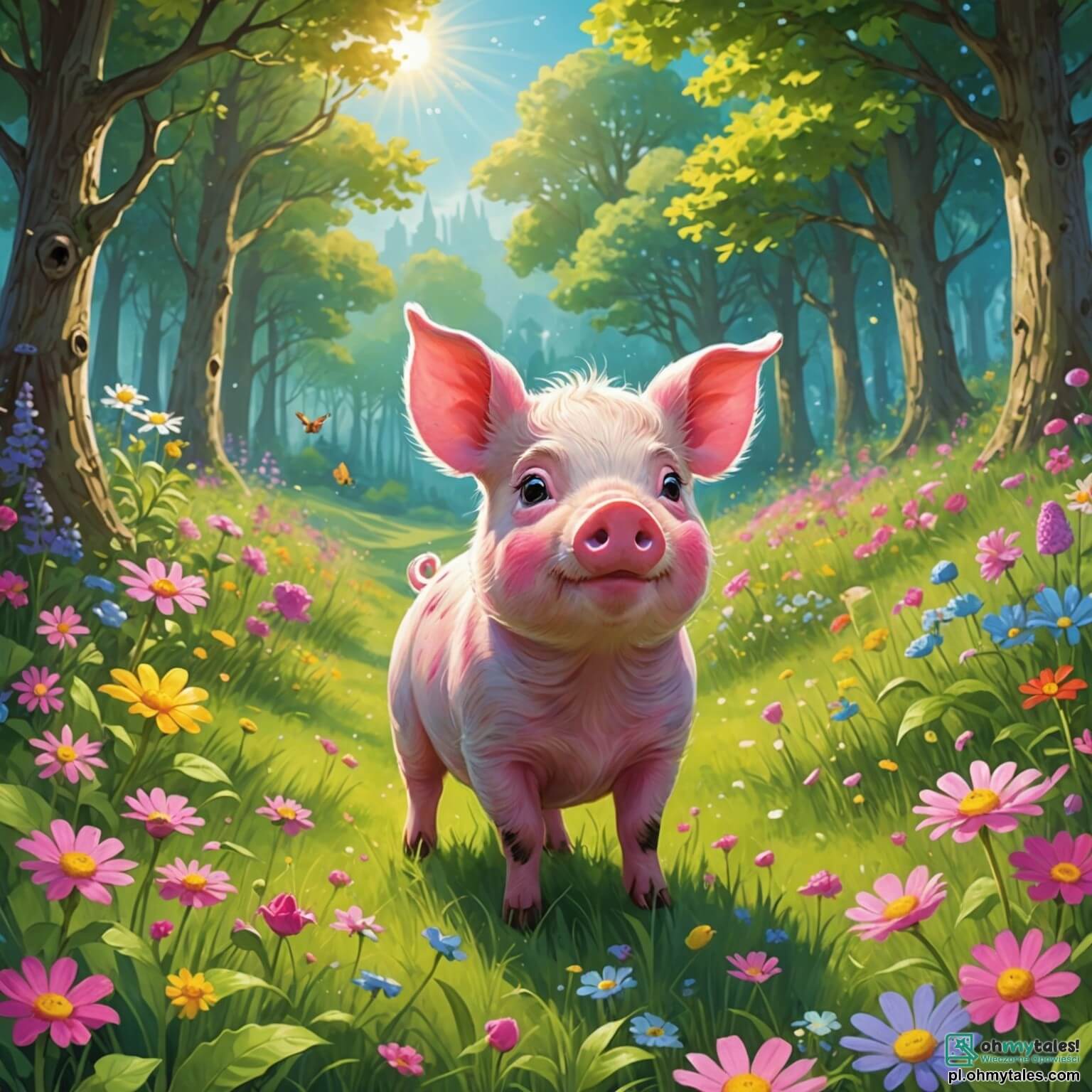 Une illustration destinée aux enfants représentant un petit cochon au pelage rose éclatant, aux yeux pétillants de curiosité, se tenant au milieu d'une charmante et verdoyante prairie parsemée de fleurs colorées, où il rêve d'aventures palpitantes, tandis qu'un joyeux lapin aux grandes oreilles bondit à ses côtés, tous deux prêts à explorer les mystères d'une forêt enchantée, où les rayons du soleil filtrent à travers les feuillages denses, créant un jeu d'ombres et de lumières sur le sol tapissé de feuilles dorées et de champignons colorés, tout en écoutant le doux chant des oiseaux perchés sur les branches des arbres majestueux qui entourent leur paisible village.