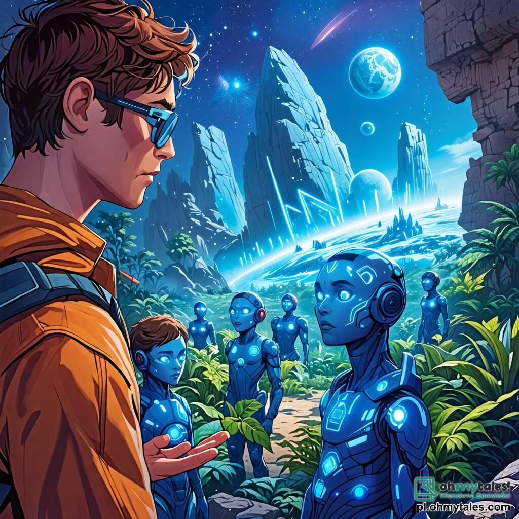 Une illustration sous forme de dessin destinée aux enfants représentant une scène vibrante sur la planète Zorath, où un homme aux cheveux bruns et aux lunettes futuristes, concentré et déterminé, utilise un hologramme pour communiquer avec un groupe de Zorathianes, des créatures humanoïdes aux peaux bleuâtres et aux yeux brillants, qui l'écoutent attentivement tout en se préparant à défendre leur monde contre une menace imminente, avec en arrière-plan des plantes exotiques et des structures technologiques scintillantes, illustrant l'harmonie entre nature et technologie dans un univers coloré et fantastique.