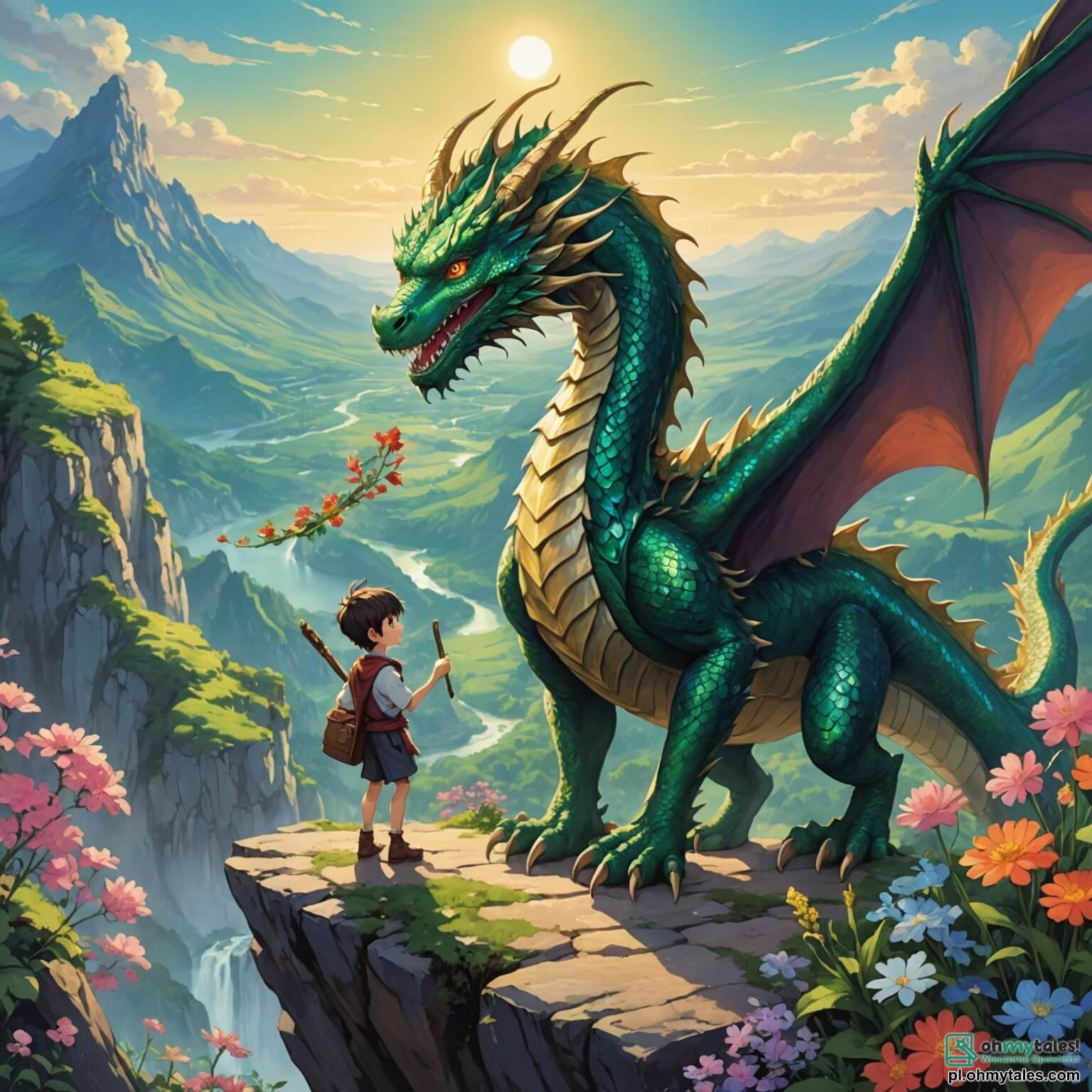 Une illustration destinée aux enfants représentant un majestueux dragon aux écailles scintillantes comme des émeraudes, avec des yeux pétillants de curiosité, se tenant au bord d'une falaise surplombant une vallée enchantée, où des fleurs multicolores dansent sous la brise légère, tandis qu'un courageux garçon, armé d'un simple bâton en bois, s'aventure à ses côtés pour l'aider à retrouver sa précieuse boule d'or perdue dans la forêt mystérieuse, où les arbres géants aux troncs tordus semblent chuchoter des secrets oubliés.