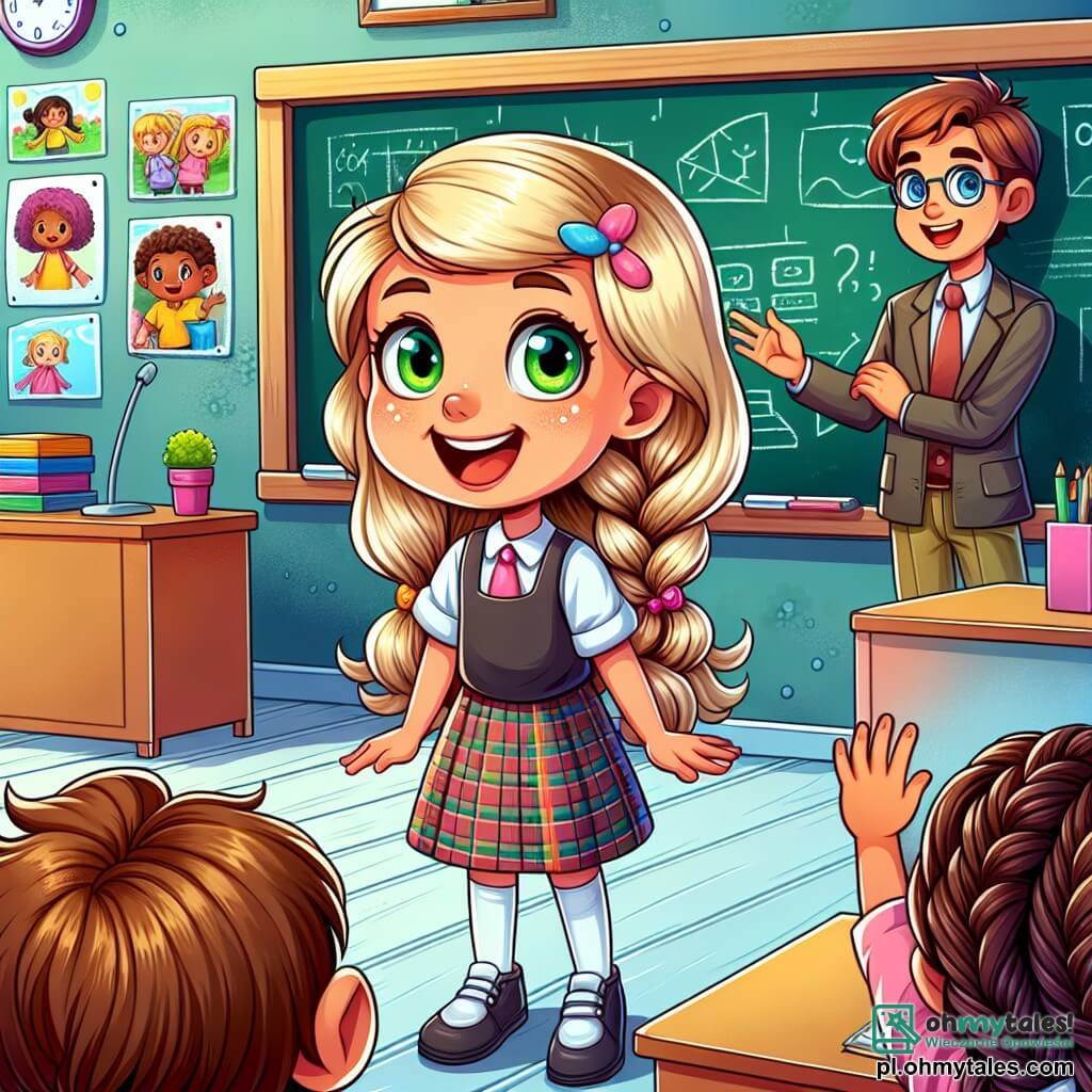 Une illustration sous forme de dessin destinée aux enfants représentant une salle de classe colorée avec des murs ornés de dessins d'enfants, où une fille de 7 ans aux longs cheveux blonds et aux yeux verts, souriante et pleine d'enthousiasme, se tient devant un grand tableau, entourée de ses camarades de classe : une autre fille aux cheveux bruns en tresses qui l'écoute attentivement et un garçon aux cheveux châtains qui lève la main pour poser une question, tandis qu'un enseignant bienveillant les observe avec un sourire, capturant l'excitation d'une journée d'apprentissage et de découvertes.