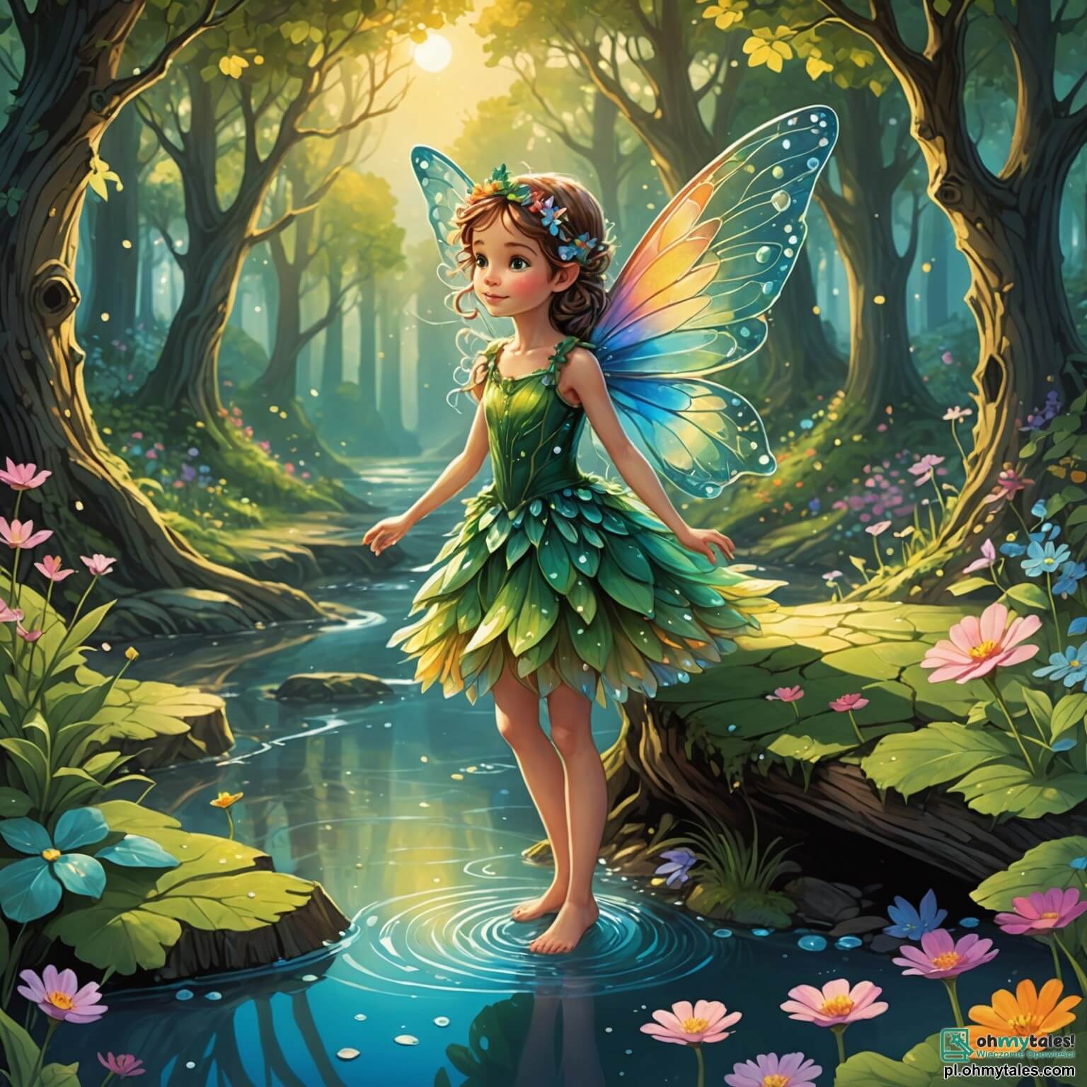 Une illustration destinée aux enfants représentant une petite fée aux ailes scintillantes comme des gouttes de rosée au lever du soleil, avec une robe faite de pétales de fleurs multicolores, se tenant au bord d'un ruisseau cristallin serpentant à travers une forêt enchantée où les arbres majestueux aux troncs noueux s'élèvent vers le ciel, leurs feuilles vibrantes de mille teintes de vert dansent au gré du vent, tandis qu'un dragonceau espiègle, aux écailles dorées et aux yeux pétillants de malice, l'observe depuis un buisson fleuri, alors qu'ils s'apprêtent à partir à la recherche d'un trésor caché, une étoile filante tombée du ciel, qui pourrait restaurer la magie de leur monde féerique.