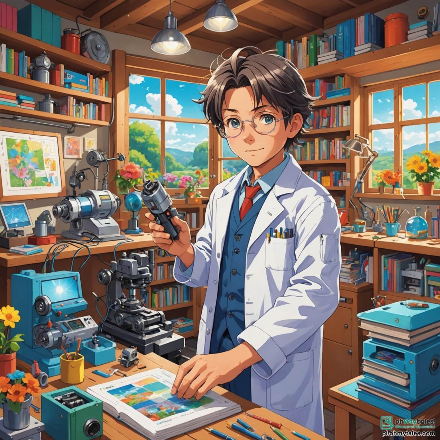 Une illustration destinée aux enfants représentant un homme aux cheveux ébouriffés, vêtu d'une blouse colorée, entouré de machines pétillantes et de gadgets éclatants dans son atelier rempli de livres et de plans, où il invente des merveilles, tandis qu'une petite fille aux yeux brillants et aux couettes s'émerveille à ses côtés, le tout dans un charmant village ensoleillé, bordé de fleurs multicolores et de maisons aux façades pastel.