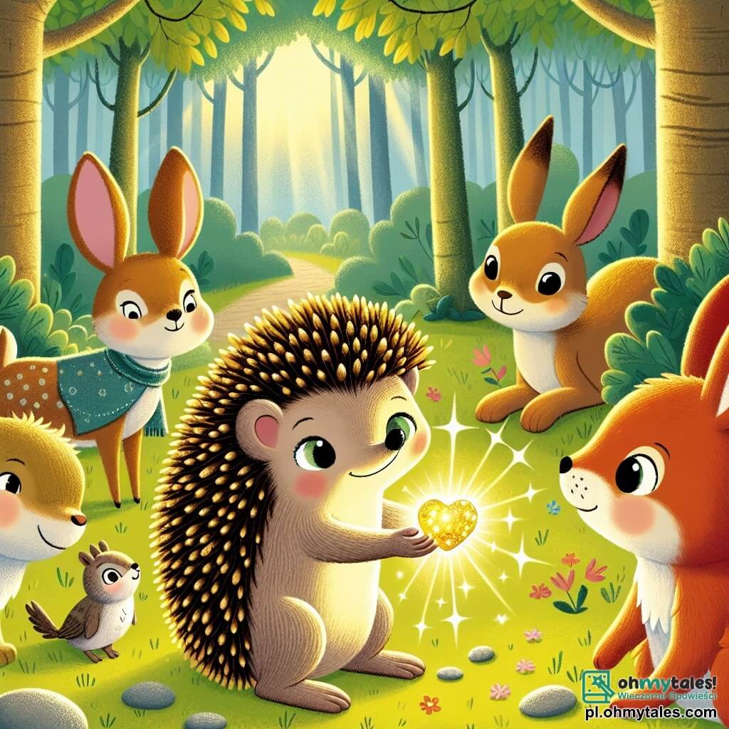Une illustration sous forme de dessin destinée aux enfants représentant une clairière ensoleillée dans une forêt verdoyante, où un petit hérisson aux piquants dorés et aux yeux pétillants tient un brillant caillou magique dans ses pattes, entouré de ses amis : une svelte et gracieuse petite biche aux yeux doux, un malin lapin aux grandes oreilles et une vive écureuil aux poils roux, tous réunis dans une atmosphère joyeuse, célébrant leur amitié et la magie du moment.