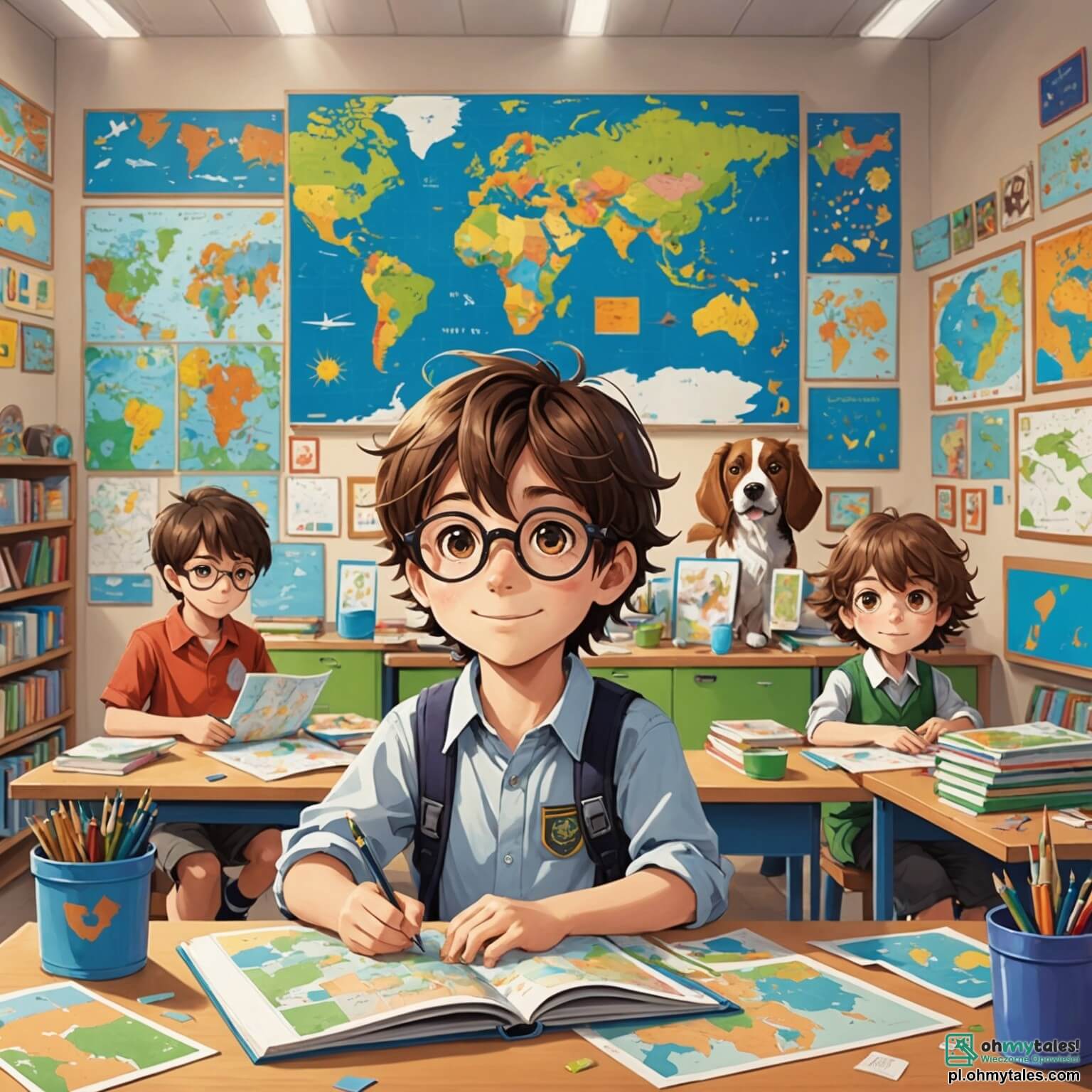Une illustration destinée aux enfants représentant un garçon pétillant de curiosité, aux cheveux châtains ébouriffés et aux yeux brillants comme des étoiles, se tenant dans une salle de classe colorée, où les murs sont ornés de dessins d'animaux et de cartes du monde, tandis qu'il s'active avec enthousiasme à créer un magnifique tableau de son chien en utilisant des papiers colorés et de la peinture, entouré de ses camarades de classe, dont un garçon aux lunettes rondes qui semble un peu inquiet de ne pas savoir dessiner, et une fille aux tresses dorées qui sourit en montrant fièrement son arc-en-ciel, le tout se déroulant dans une ambiance chaleureuse et joyeuse, remplie de rires et de créativité.