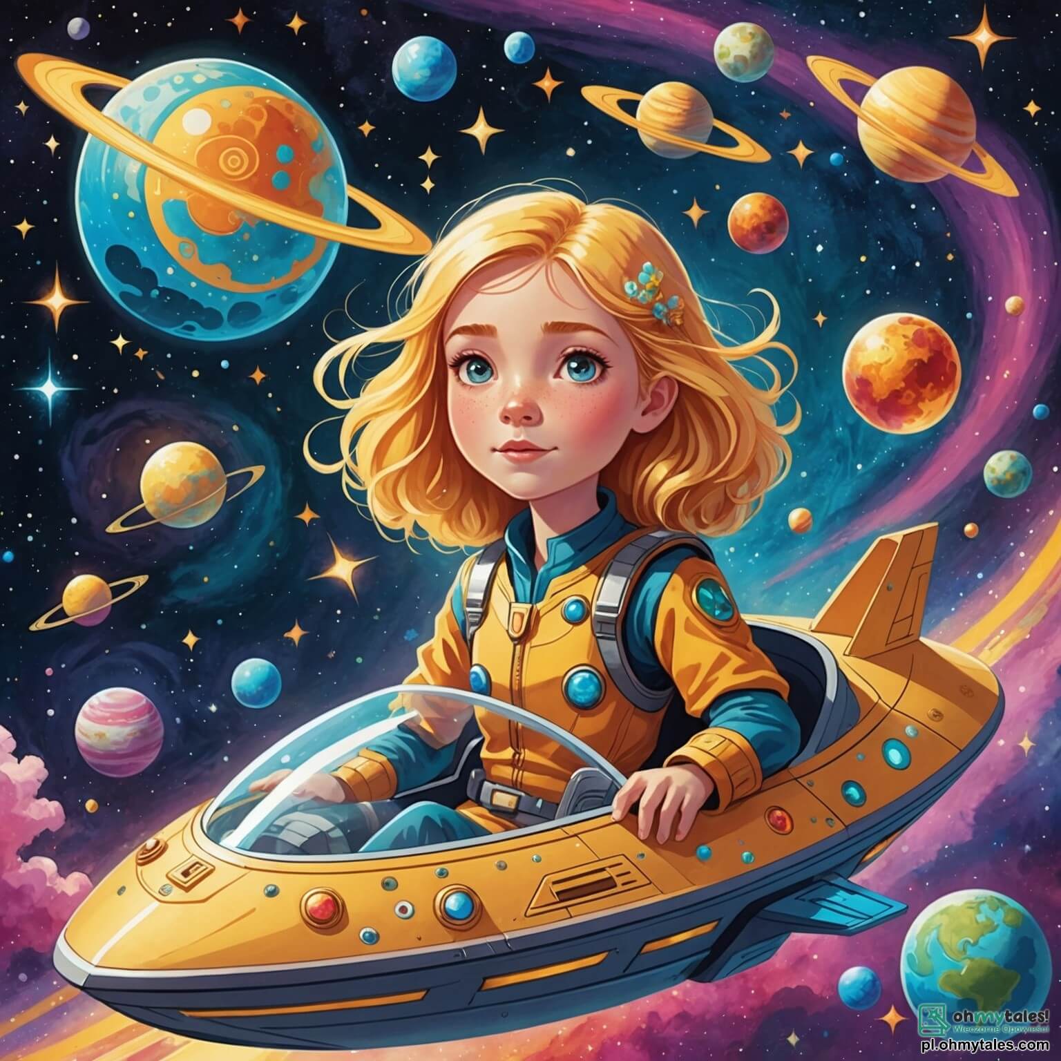 Une illustration destinée aux enfants représentant une jeune femme aux cheveux dorés et aux yeux scintillants, flottant dans un vaisseau spatial en forme de fleur, entourée de planètes colorées et de nébuleuses chatoyantes, alors qu'elle se lance dans une quête pour sauver une planète menacée par un ombre mystérieuse, accompagnée d'un petit garçon aux ailes de lumière, dans un univers magique où les étoiles dansent et les comètes laissent des traînées de poussière étincelante.