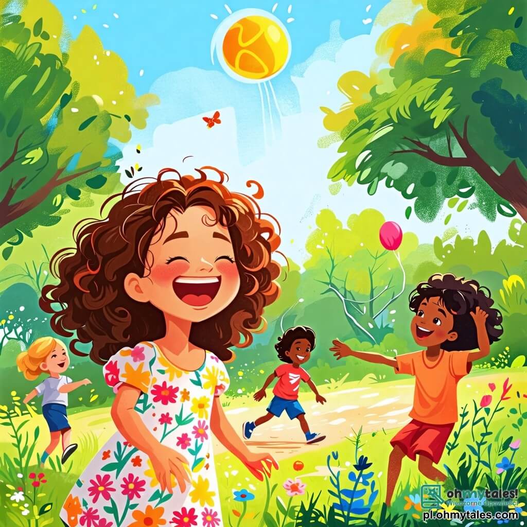 Une illustration sous forme de dessin destinée aux enfants représentant un parc ensoleillé avec des arbres verdoyants et des fleurs colorées, où une fille de 8 ans aux cheveux bruns et bouclés, portant une robe à fleurs, rit joyeusement en jouant à la balle avec ses amis, dont un garçon aux cheveux blonds et une fille aux cheveux noirs, tous deux souriants et pleins d'énergie, illustrant le moment où ils découvrent la joie des jeux en plein air, loin des écrans, entourés de rires et de camaraderie.