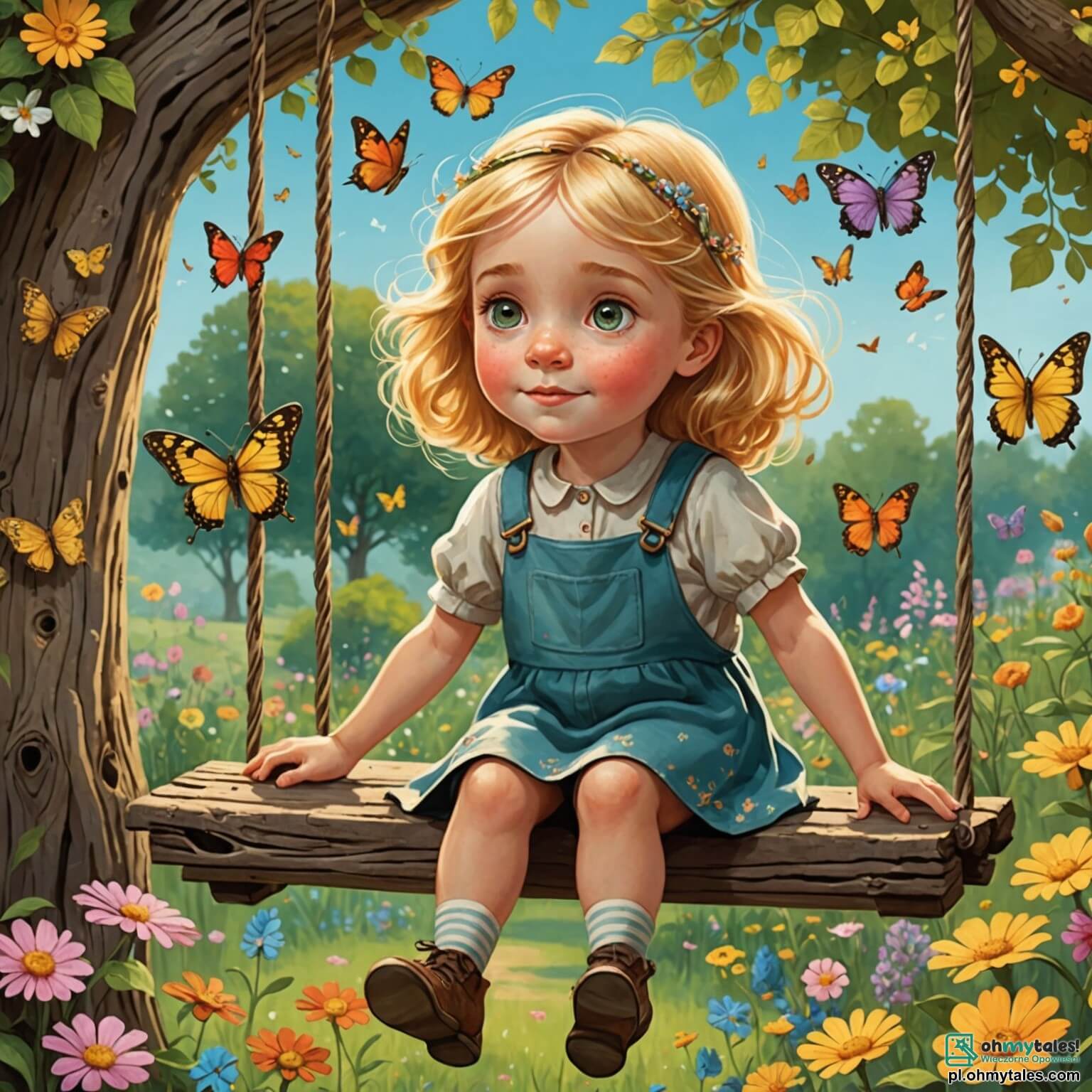 Une illustration destinée aux enfants représentant une petite fille aux cheveux dorés, les yeux pétillants de curiosité, assise sur une balançoire en bois usée, dans un jardin enchanteur rempli de fleurs colorées et de papillons virevoltants, où elle se remémore avec tendresse son grand-père bien-aimé, un homme sage et affectueux, tout en écoutant le doux chant des oiseaux perchés sur les branches des vieux chênes.