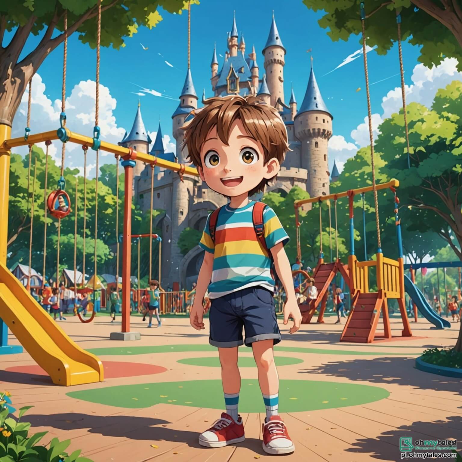 Une illustration destinée aux enfants représentant un petit garçon aux cheveux ébouriffés et aux yeux pétillants de curiosité, vêtu d'un t-shirt rayé et d'un short, se tenant au centre d'un coloré et animé parc de jeux, où des balançoires en bois grincent doucement sous le poids des enfants, une grande structure de jeux en forme de château se dresse majestueusement à l'arrière-plan, tandis qu'une petite fille aux couettes, toujours prête à résoudre des mystères, et une autre petite fille aux lunettes rondes, pleine d'idées brillantes, l'accompagnent dans sa quête pour retrouver une mystérieuse balle bleue disparue, tout cela se déroulant sous un ciel azur parsemé de nuages cotonneux, où le rire des enfants résonne comme une douce mélodie.