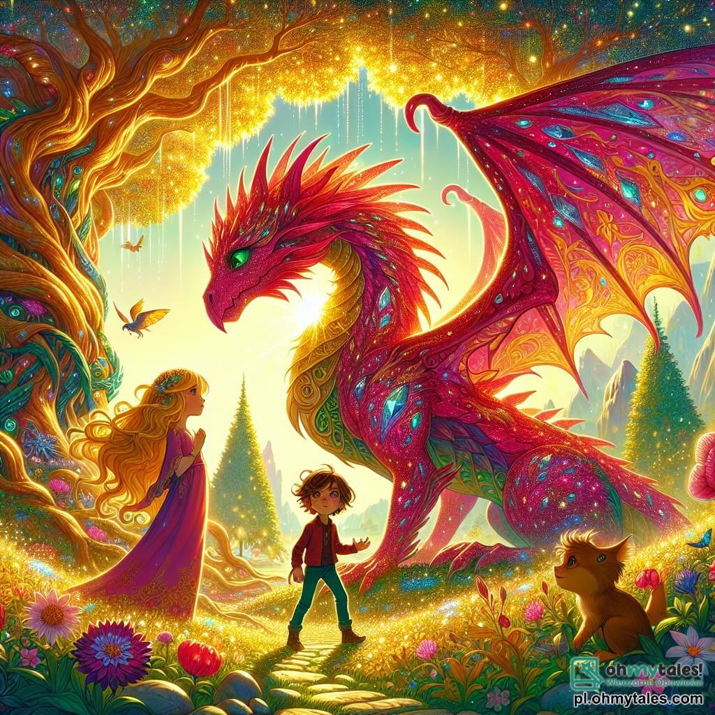 Une illustration sous forme de dessin destinée aux enfants représentant un magnifique et lumineux Tajemniczy Las, avec de grands arbres aux feuilles dorées scintillant sous le soleil, où un dragon majestueux aux écailles rubis et aux ailes déployées, avec une expression de tristesse, se tient au centre, tandis qu'une fille aux longs cheveux dorés et aux yeux émeraude, ainsi qu'un garçon aux cheveux bruns en bataille, s'approchent de lui avec des visages déterminés, prêts à l'aider à retrouver un cristal magique pour restaurer l'harmonie du lieu, entourés de fleurs colorées et de créatures fantastiques qui les observent avec curiosité.