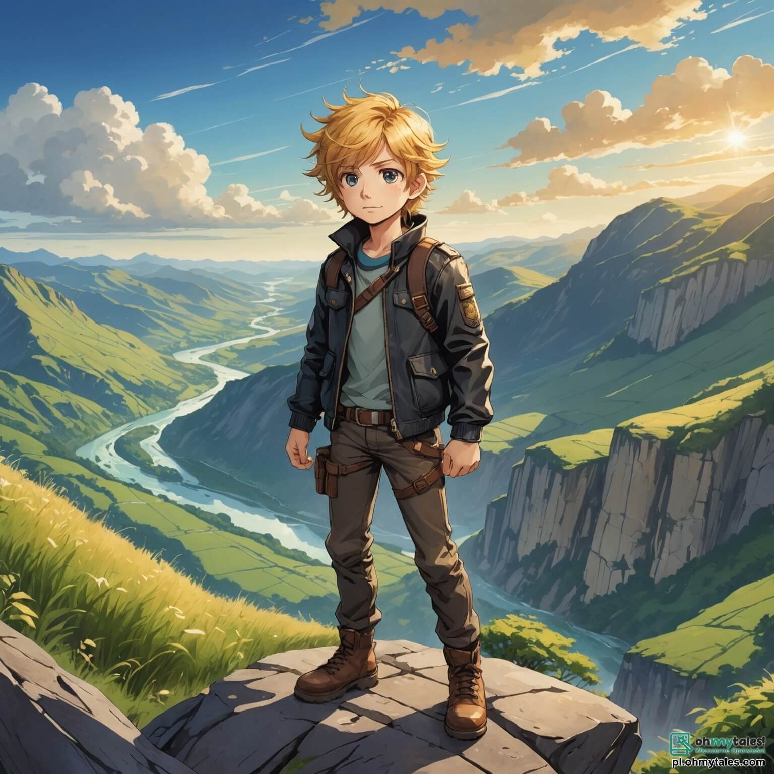 Une illustration destinée aux enfants représentant une jeune exploratrice intrépide aux cheveux dorés flottant au vent, vêtue d'une veste en cuir usée et de pantalons robustes, se tenant fièrement au sommet d'une montagne escarpée, entourée de paysages majestueux où des vallées verdoyantes s'étendent à perte de vue, des rivières scintillantes serpentent entre des rochers aux formes étranges, tandis qu'un ami fidèle, un garçon aux yeux pétillants de curiosité et aux cheveux ébouriffés, l'accompagne dans sa quête pour découvrir une grotte mystérieuse, cachée derrière un rideau de lianes et de fleurs colorées, où des secrets anciens et des trésors oubliés attendent d'être révélés.