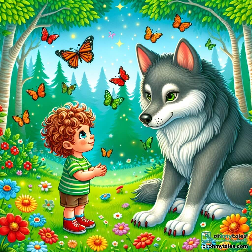 Une illustration sous forme de dessin destinée aux enfants représentant une clairière enchantée au cœur d'une forêt verdoyante, où un garçon de 3 ans aux cheveux bouclés et aux yeux pétillants, vêtu d'un t-shirt rayé et de shorts, s'approche d'un grand loup gris au regard doux, assis sur l'herbe, alors qu'ils échangent un moment de complicité, entourés de fleurs colorées et de papillons virevoltant autour d'eux, symbolisant la magie de l'amitié et le courage face aux préjugés.