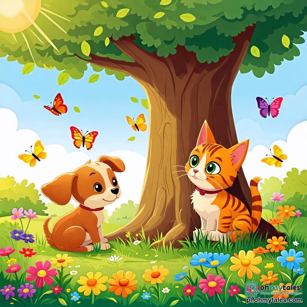 Une illustration sous forme de dessin destinée aux enfants représentant un jardin ensoleillé avec des fleurs colorées et un grand arbre, où un chien aux poils bruns et aux grandes oreilles, joyeusement en train de chercher sa copine, une petite chatte tigrée aux yeux verts qui se cache derrière le tronc de l'arbre, tandis que des papillons volent autour d'eux, capturant l'instant amusant de leur jeu de cache-cache.