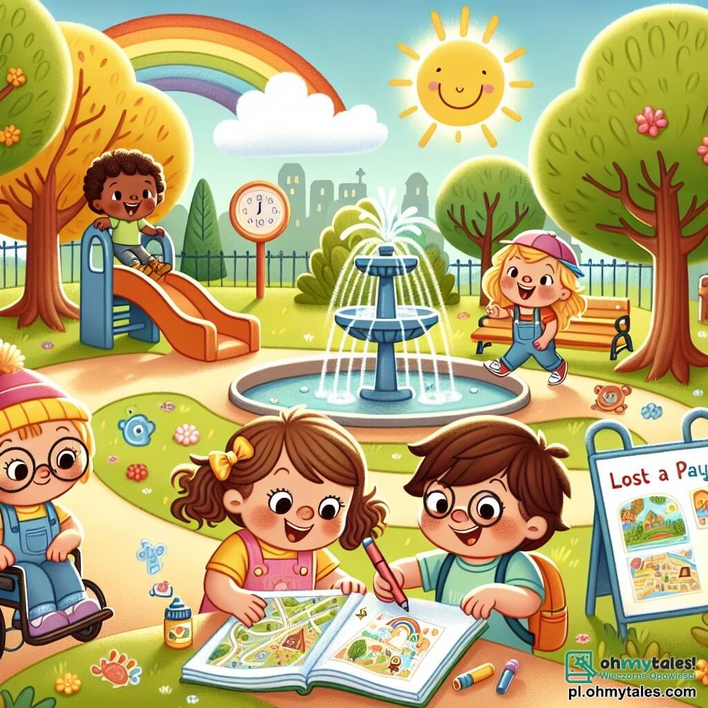 Une illustration sous forme de dessin destinée aux enfants représentant un parc ensoleillé avec des arbres colorés et un vieux toboggan, où un groupe de quatre enfants de 3 ans, deux filles et deux garçons, s'active joyeusement : une petite fille aux cheveux bouclés et à la robe rose, tenant une carte au trésor, un garçon aux lunettes et à un t-shirt bleu, dessinant une carte sur un carnet, une autre petite fille avec des couettes et un gilet jaune, examinant une petite naklejka brillante, et un garçon en fauteuil roulant avec un grand sourire, observant et encourageant ses amis dans leur quête pour retrouver un jouet disparu, tandis qu'une fontaine scintillante et une belle arc-en-ciel ajoutent une touche magique à la scène.
