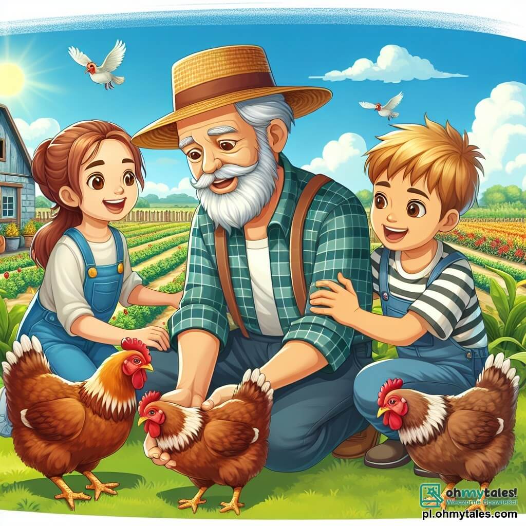 Une illustration sous forme de dessin destinée aux enfants représentant une ferme ensoleillée avec de vastes champs verdoyants et un jardin coloré, où un homme âgé avec une barbe grise, portant une chemise à carreaux et un chapeau de paille, est en train de nourrir des poules, tandis qu'une fille aux cheveux bruns, souriante et curieuse, et un garçon aux cheveux blonds, enthousiaste, l'observent avec émerveillement, illustrant leur découverte joyeuse de la vie à la ferme et l'apprentissage des tâches agricoles.