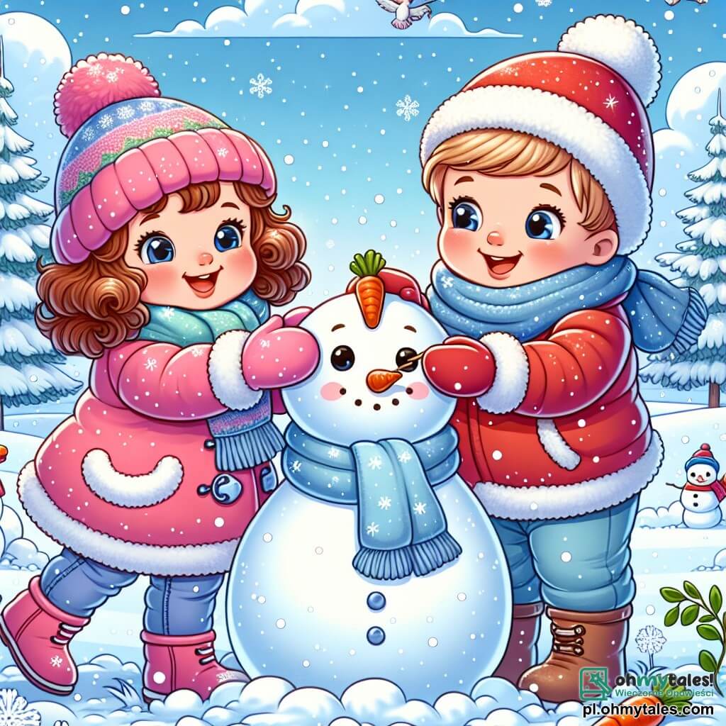Une illustration sous forme de dessin destinée aux enfants représentant un paysage hivernal féérique avec une épaisse couche de neige scintillante sous un ciel bleu clair, où une petite fille de 1 an aux cheveux châtains bouclés, vêtue d'un coloré manteau rose et de gants assortis, s'amuse à construire un bonhomme de neige avec un garçon de 5 ans aux cheveux blonds, portant un bonnet rouge et une écharpe, tous deux souriants et entourés de flocons de neige tombants, tandis qu'ils ajoutent une carotte pour le nez de leur bonhomme de neige.