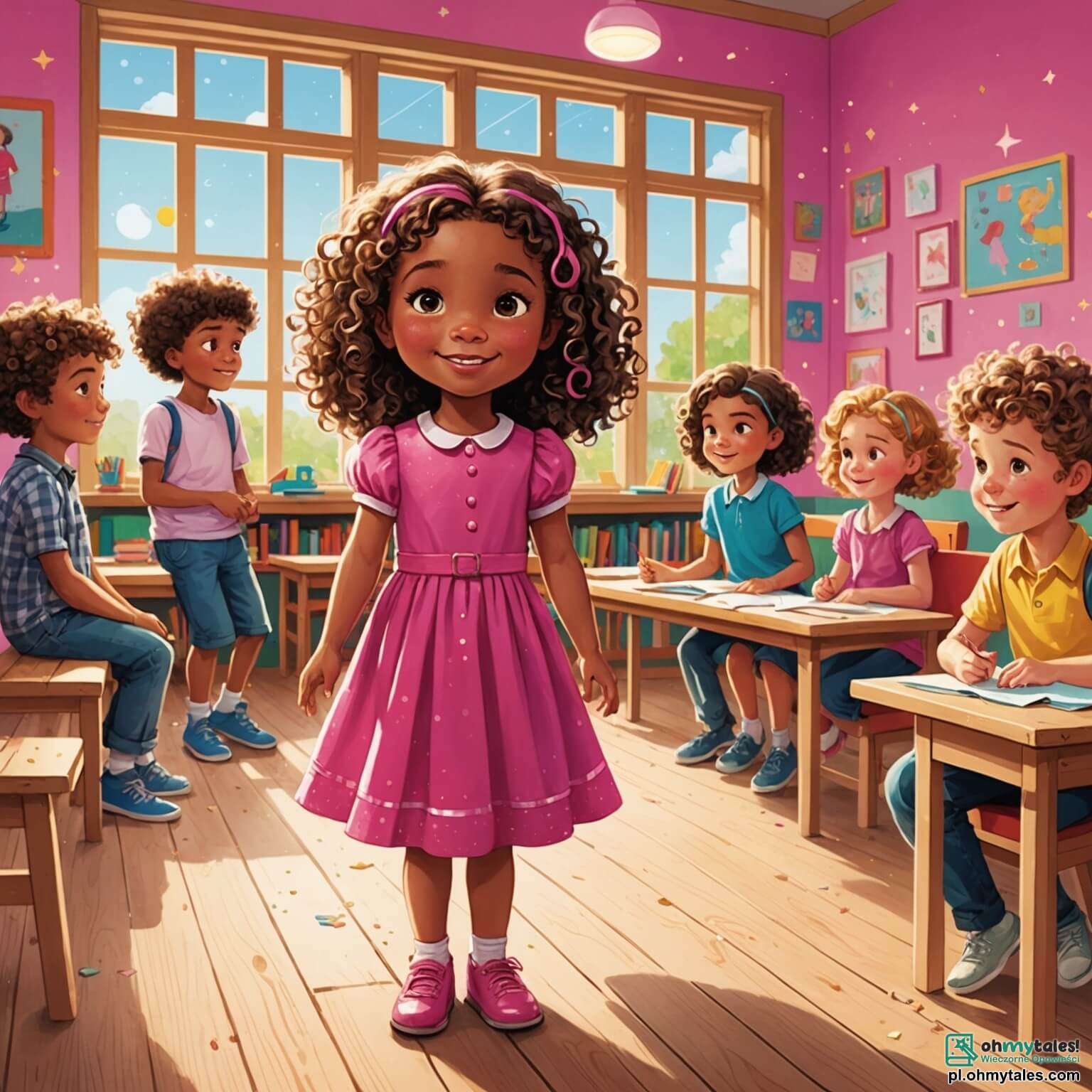 Une illustration destinée aux enfants représentant une petite fille aux cheveux bouclés et brillants, vêtue d'une robe rose éclatante, debout sur une scène en bois scintillante, entourée de camarades de classe, dont une amie aux yeux pétillants et un garçon à la chevelure ébouriffée, tous assis sur des bancs en bois colorés dans une salle de classe lumineuse ornée de dessins d'enfants accrochés aux murs, où la lumière du soleil filtre à travers de grandes fenêtres, créant une atmosphère chaleureuse et accueillante, alors qu'elle se prépare à surmonter sa peur de chanter devant un public, découvrant ainsi la force de la confiance en soi.