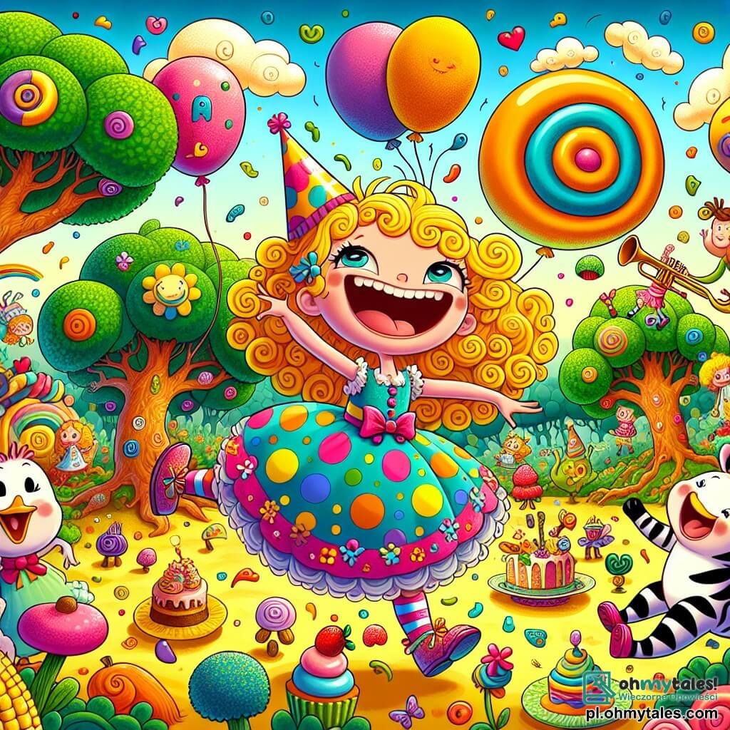 Ilustracja przedstawiająca kolorową i absurdalną scenę w Krainie Absurdów, gdzie drzewa rosną do góry nogami, ich korzenie w niebie, a ziemia pokryta jest wielokolorowymi kwiatami tańczącymi w rytmie niewidzialnej muzyki. W centrum sceny 7-letnia dziewczynka z kręconymi złotymi włosami i błyszczącymi oczami ciekawości, ubrana w kolorową sukienkę w kropki, radośnie tańczy z balonem w kształcie banana unoszącym się obok niej. Po jej prawej stronie wesoła kaczka w kapeluszu z kwiatami tańczy tango z marchewką, a po lewej stronie uśmiechnięty zebra robi piruety z trąbką w ręku. Główna sytuacja pokazuje dziewczynkę i jej przyjaciół świętujących wielką absurdalną imprezę, otoczonych dziwnymi smakołykami, takimi jak lody brokułowe i ciasta w kształcie chmur, podczas gdy dziwaczny król z szerokim uśmiechem obserwuje ich z tronu wykonanego z cukierków. Powietrze wypełnione jest wybuchami śmiechu i żywymi kolorami, tworząc radosną i magiczną atmosferę.