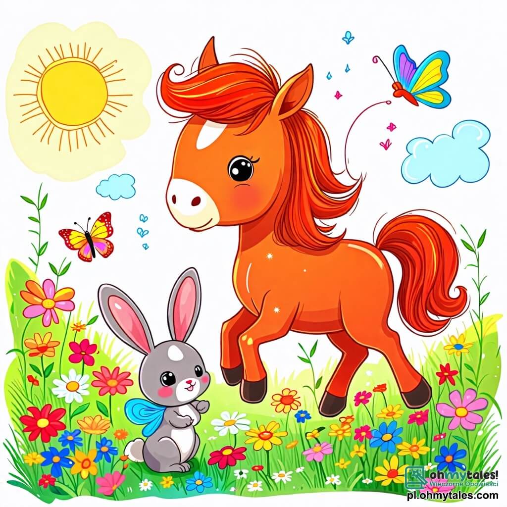 Une illustration sous forme de dessin destinée aux enfants représentant une vaste et colorée prairie ensoleillée, où un petit cheval roux aux yeux pétillants et à la crinière ondulante s'amuse à sauter joyeusement parmi des fleurs multicolores, tandis qu'un adorable petit lapin aux grandes oreilles et au pelage doux l'observe en riant, et un délicat papillon aux ailes chatoyantes se pose sur le nez du cheval, capturant l'instant joyeux de leur jeu de collecte de fleurs.