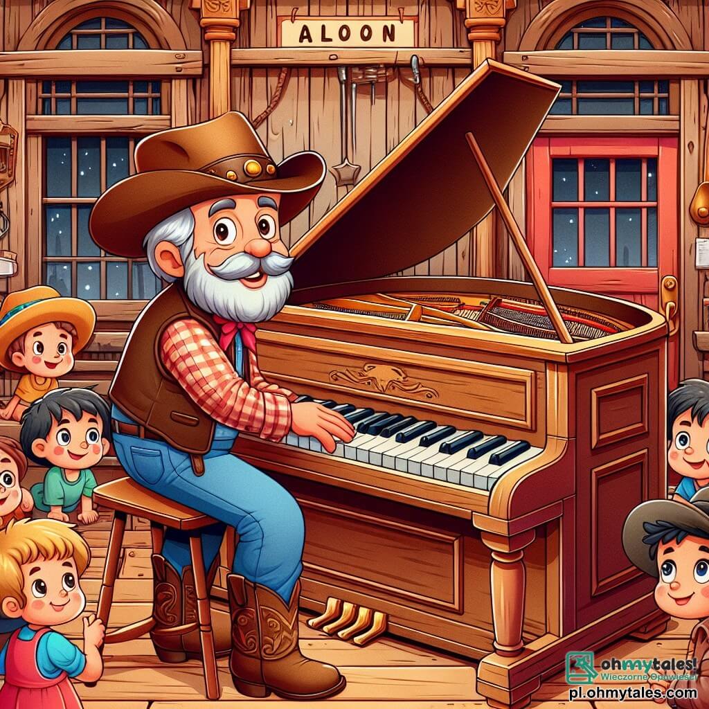 Une illustration sous forme de dessin destinée aux enfants représentant un saloon animé du Far West, avec des murs en bois vieilli et des portes battantes, où un homme au grand chapeau de cowboy, portant une chemise à carreaux et des bottes en cuir, est en train de réparer un vieux fortepiano, tandis qu'un homme aux cheveux grisonnants, vêtu d'un gilet en cuir, observe avec un sourire de satisfaction, et des enfants aux visages émerveillés regardent la scène, tous réunis pour célébrer un concert improvisé dans une ambiance joyeuse et colorée.