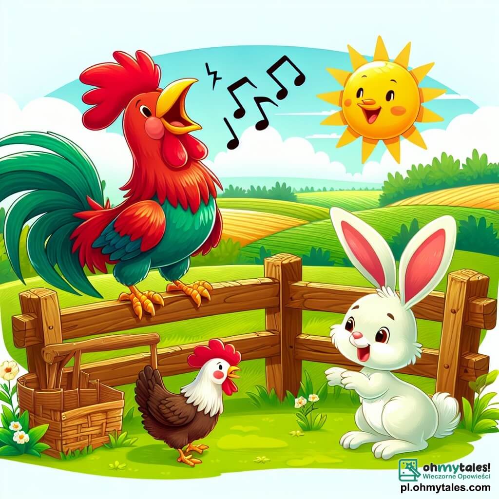 Une illustration sous forme de dessin destinée aux enfants représentant une ferme ensoleillée avec des champs verdoyants en arrière-plan, où un coq aux plumes rouges éclatantes se tient fièrement sur une barrière en bois, en train de chanter joyeusement pour réveiller les autres animaux, tandis qu'une gousse triste, avec un plumage blanc, l'observe avec curiosité, et un petit lapin aux grandes oreilles, sautillant à côté, semble encourager la gousse à participer à la fête matinale, capturant ainsi l'esprit d'amitié et d'aventure de cette journée pleine de découvertes.