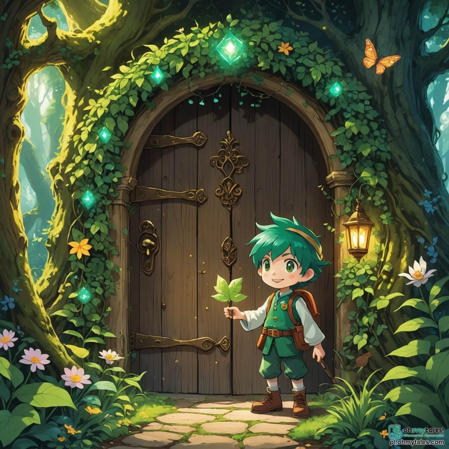 Une illustration destinée aux enfants représentant un lutin espiègle aux cheveux d'émeraude, avec des yeux pétillants de malice et un petit chapeau en forme de feuille, se tenant devant une porte magique ornée de fleurs lumineuses et de lianes scintillantes, tandis qu'un jeune garçon curieux, armé de son courage, s'apprête à pénétrer dans la forêt enchantée où les arbres géants murmurent des secrets et où les rayons de soleil dansent à travers les feuillages.