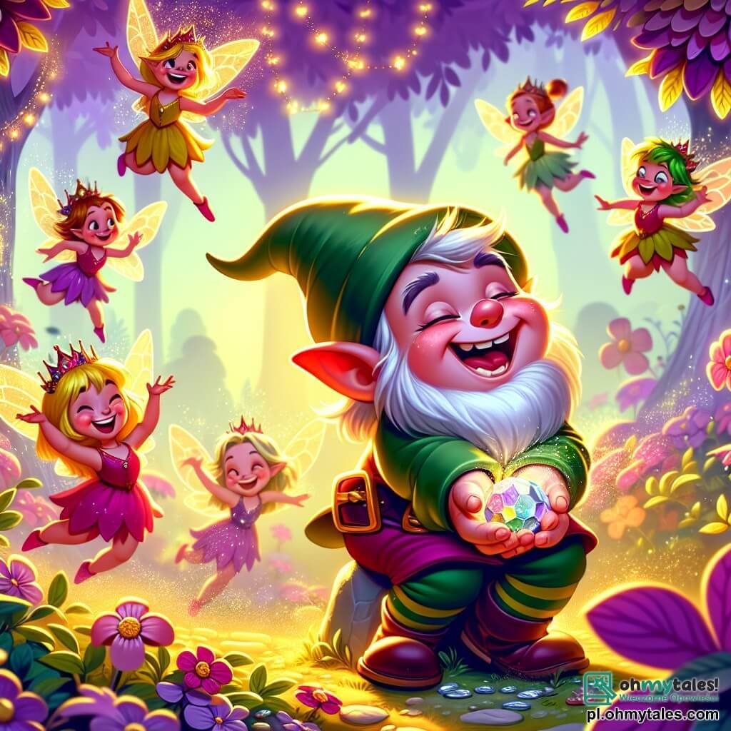 Une illustration sous forme de dessin destinée aux enfants représentant un forêt enchantée aux arbres violets et aux fleurs dansantes, avec un lutin espiègle aux cheveux verts et aux grandes oreilles pointues, riant tout en tenant un petit kamyk brillant dans sa main, entouré de plusieurs petites fées colorées aux ailes scintillantes qui dansent joyeusement autour de lui, alors qu'ils préparent une farce pour la Reine Słonecznika, le tout baigné dans une lumière dorée et joyeuse qui évoque la magie et la bonne humeur.