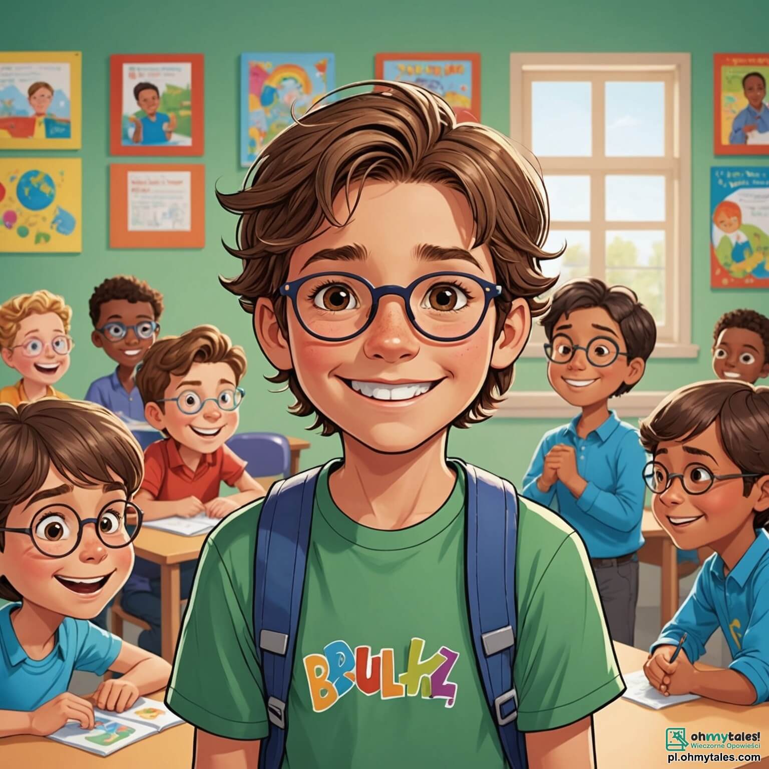 Une illustration destinée aux enfants représentant un garçon au sourire éclatant, aux cheveux châtains en bataille, se tenant timidement dans une classe lumineuse aux murs ornés de dessins colorés et de posters éducatifs, tandis qu'il fait face à un autre garçon, plus grand et aux yeux perçants, qui le harcèle avec des mots cruels, tandis qu'un groupe de camarades, comprenant une fille aux tresses dorées et un garçon aux lunettes, observe la scène, leurs visages mêlant curiosité et malaise, dans ce lieu vibrant de rires et d'apprentissage, mais où l'ombre du harcèlement plane comme un nuage menaçant.
