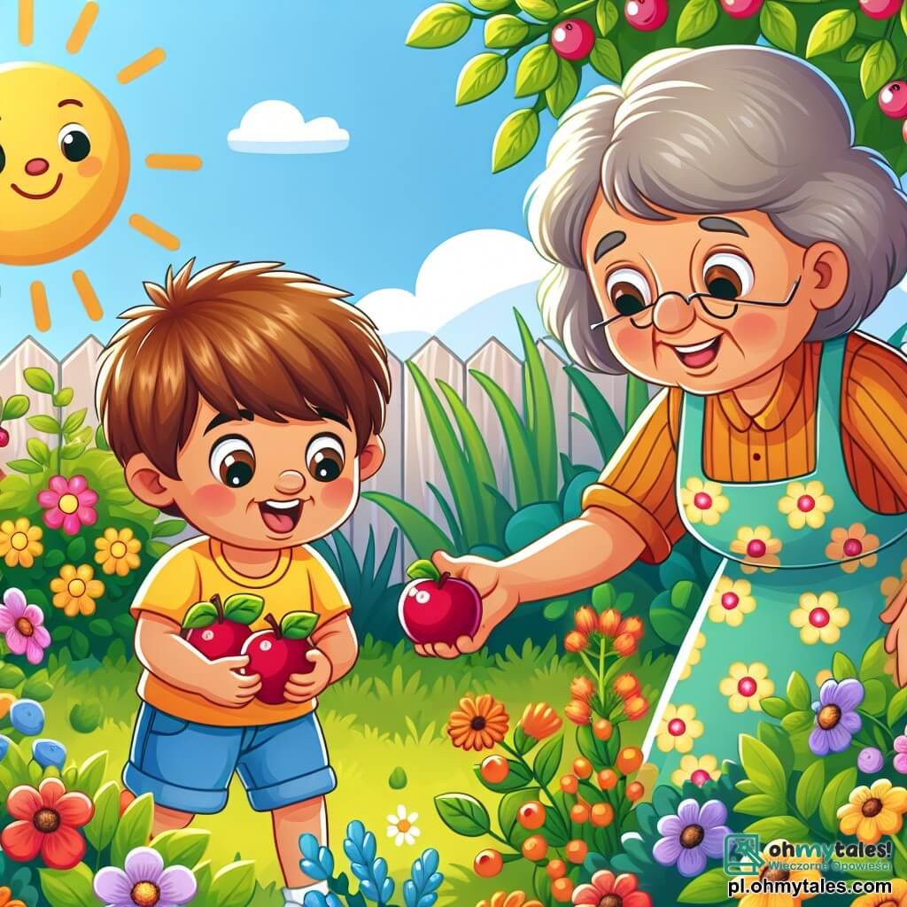 Une illustration sous forme de dessin destinée aux enfants représentant un jardin ensoleillé rempli de fleurs colorées et de buissons verdoyants, où un garçon de 3 ans aux cheveux châtains et aux yeux pétillants, vêtu d'un t-shirt jaune et de shorts bleus, est en train de cueillir des malines avec enthousiasme, tandis qu'une femme âgée au sourire chaleureux, portant un tablier fleuri, l'observe avec bienveillance, illustrant ainsi la joie des vacances d'été et le bonheur de partager des moments simples en famille.