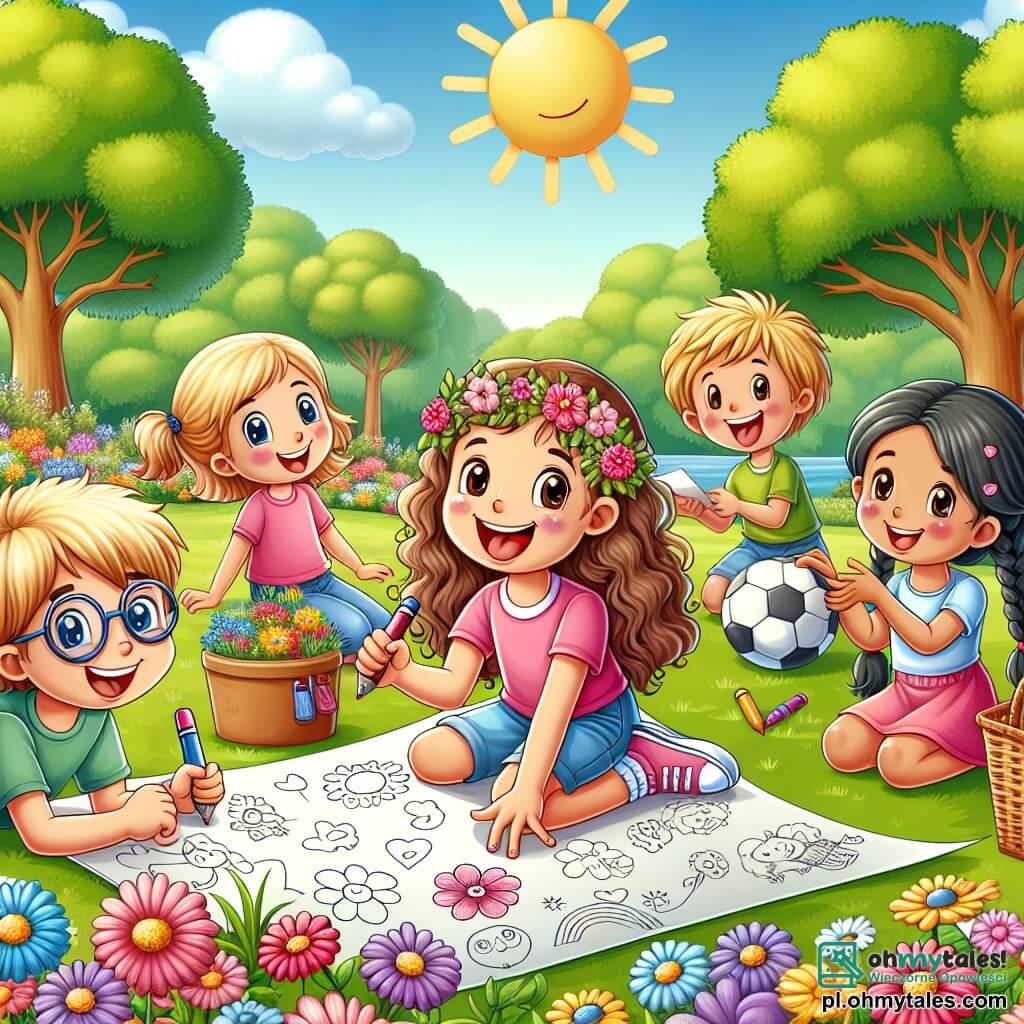 Une illustration sous forme de dessin destinée aux enfants représentant un parc ensoleillé rempli de fleurs colorées et d'arbres verdoyants, où une fille de 9 ans aux cheveux bruns et bouclés, portant un t-shirt rose et un short bleu, s'amuse à dessiner sur une grande feuille de papier, entourée de deux amis : un garçon aux cheveux blonds et aux lunettes, qui tient une balle de foot, et une fille aux cheveux noirs tressés, qui sourit en tenant un pique-nique, illustrant la joie de l'amitié et l'importance de passer du temps ensemble en dehors des écrans.