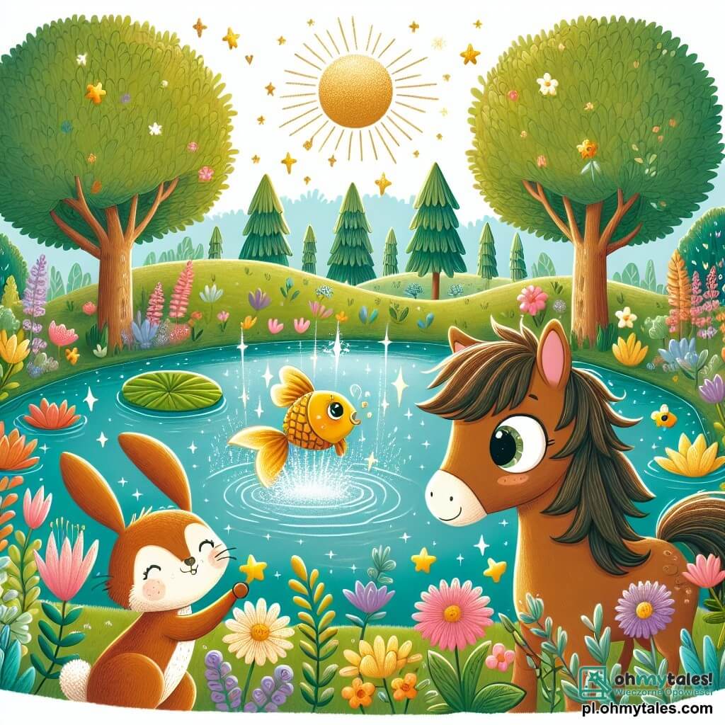 Une illustration sous forme de dessin destinée aux enfants représentant un magnifique étang scintillant au soleil, entouré de fleurs colorées et de grands arbres, où un petit cheval brun à la crinière flottante s'émerveille en regardant une charmante petite poissonnière dorée qui jaillit hors de l'eau, tandis qu'un joyeux lapin aux grandes oreilles grignote une carotte à côté de lui et une malicieuse renarde aux yeux pétillants esquisse un sourire, tous réunis dans un moment de magie et d'amitié, prêts à vivre une aventure inoubliable.