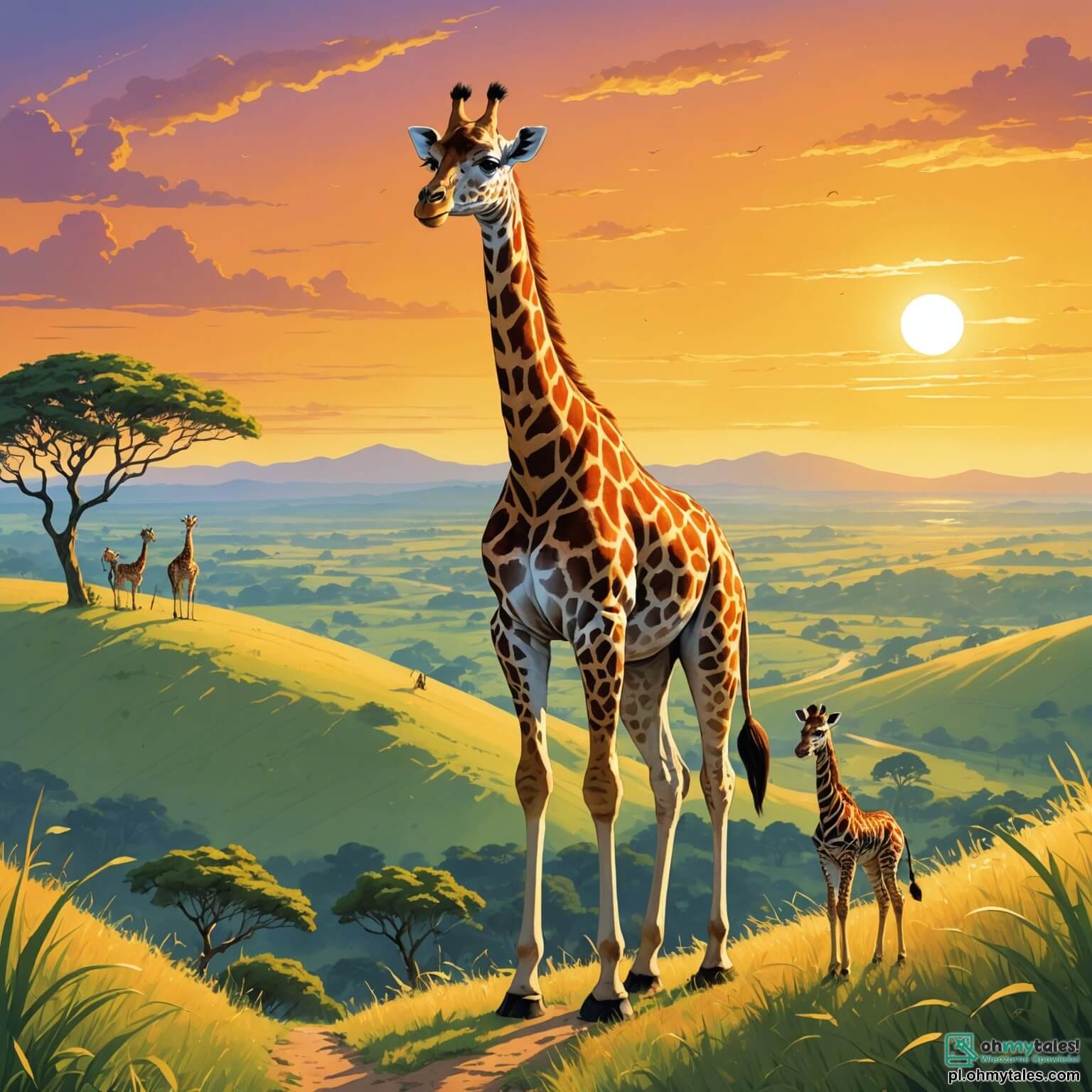Une illustration destinée aux enfants représentant une majestueuse girafe aux longues pattes élancées et au pelage parsemé de taches dorées, se tenant fièrement au sommet d'une colline verdoyante surplombant une vaste savanne baignée par la lumière dorée du soleil couchant, entourée de ses amis, un petit zèbre rayé et un joyeux singe aux yeux pétillants, alors qu'ils se lancent dans une aventure palpitante pour explorer une mystérieuse vallée colorée pleine de fleurs éclatantes et d'arbres majestueux, où chaque feuille scintille comme des émeraudes sous le ciel azur.